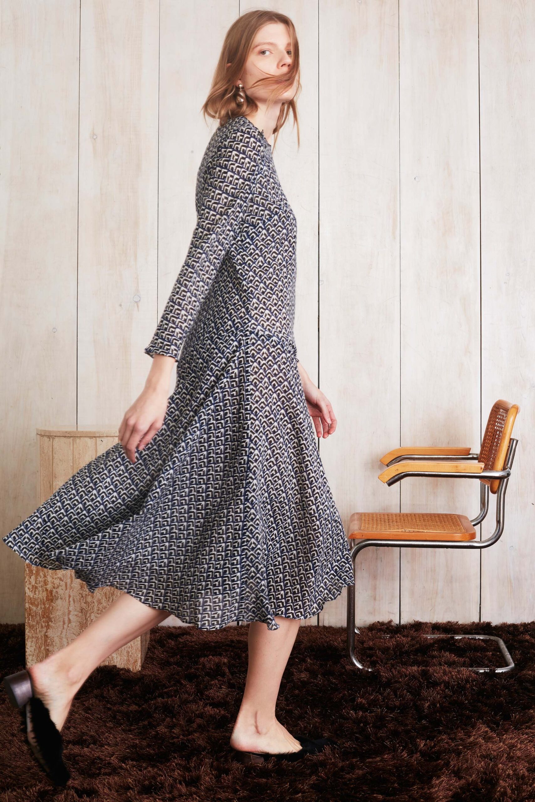 black and white printed midi dress
