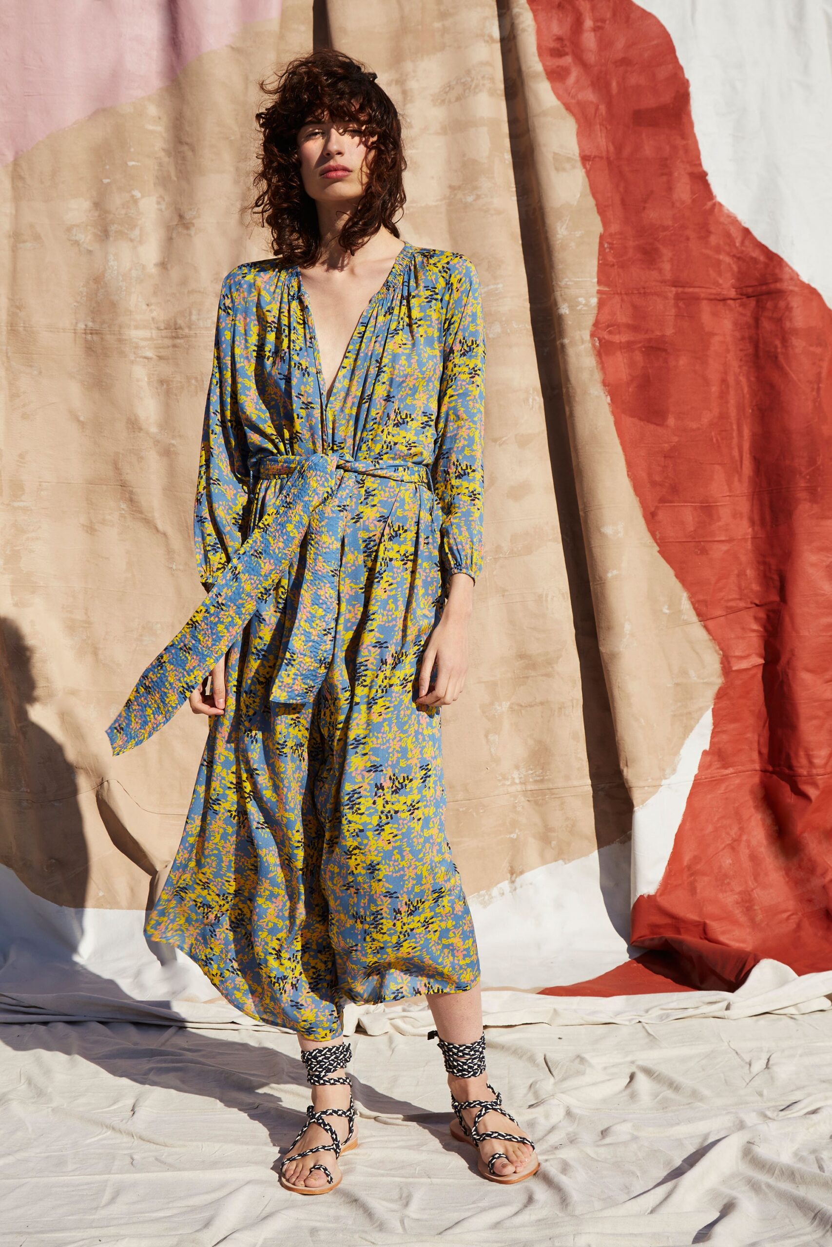 blue and yellow floral midi dress