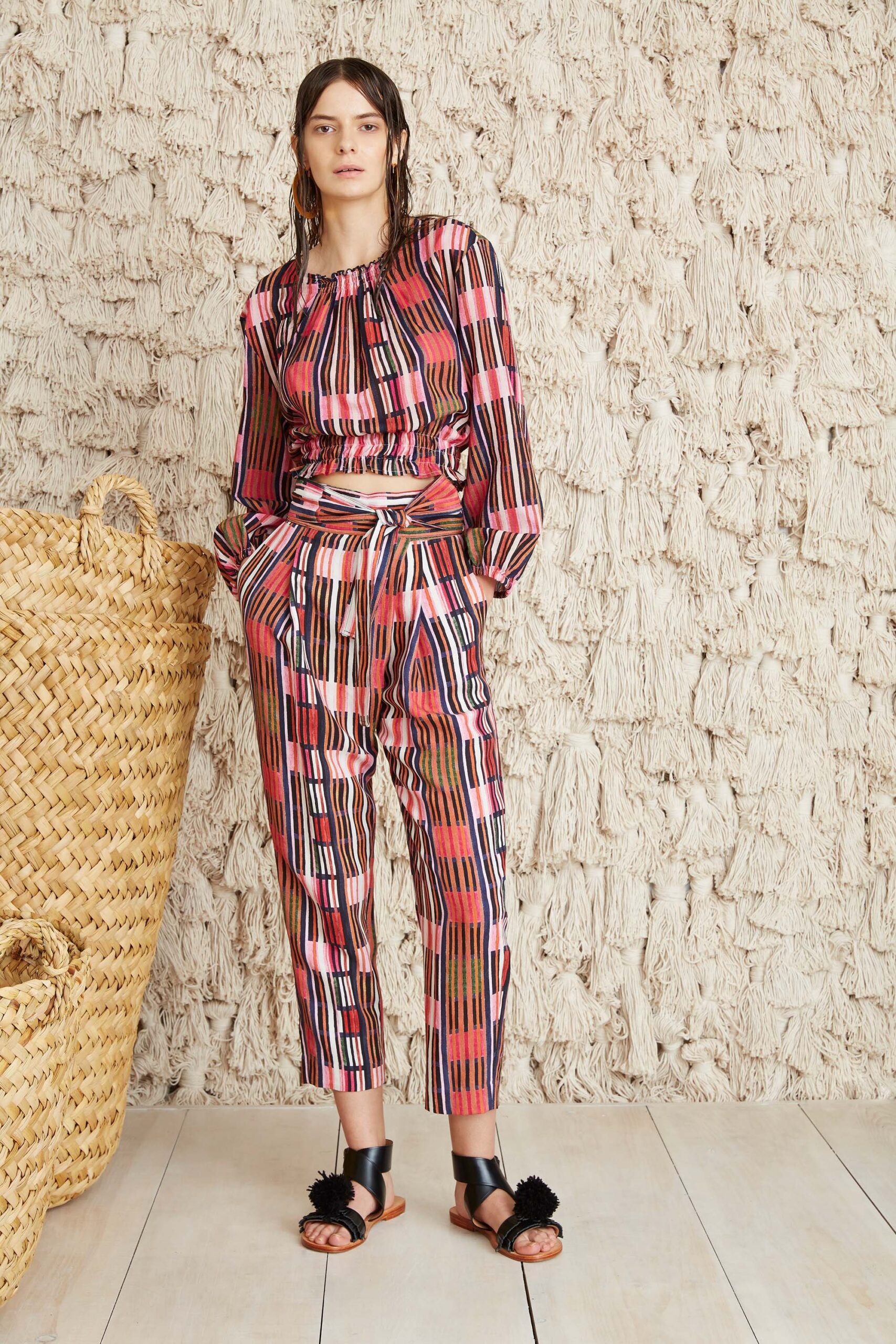 printed pink and red top with relaxed pants