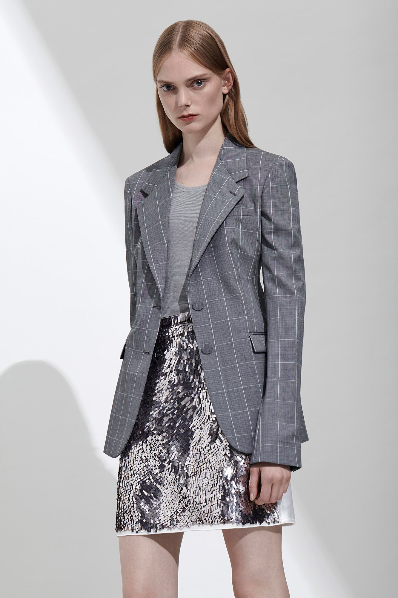 gray tailored blazer with sequin skirt