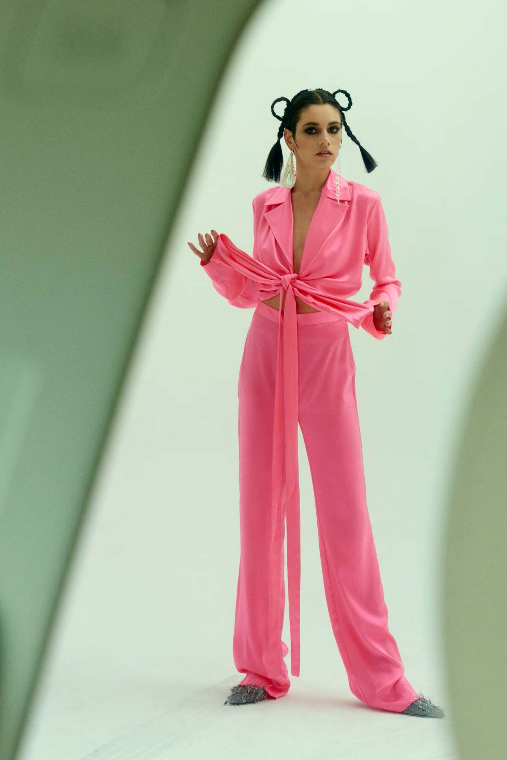 pink fitted silk jumpsuit