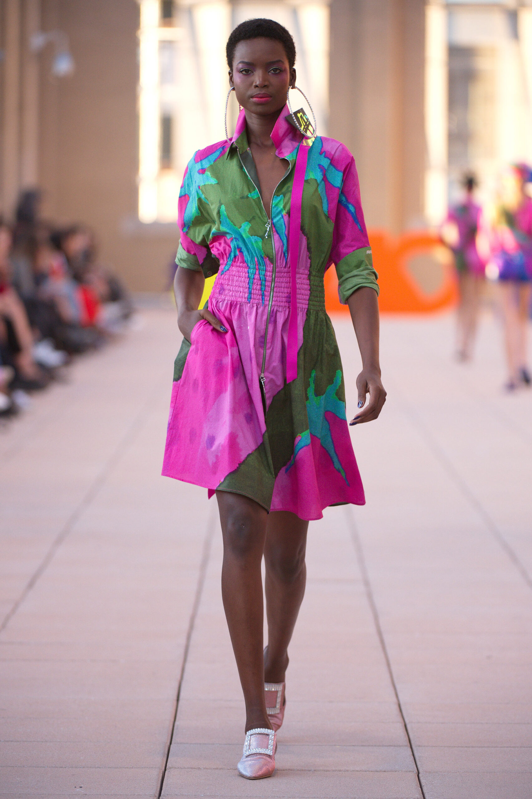 green and pink printed dress