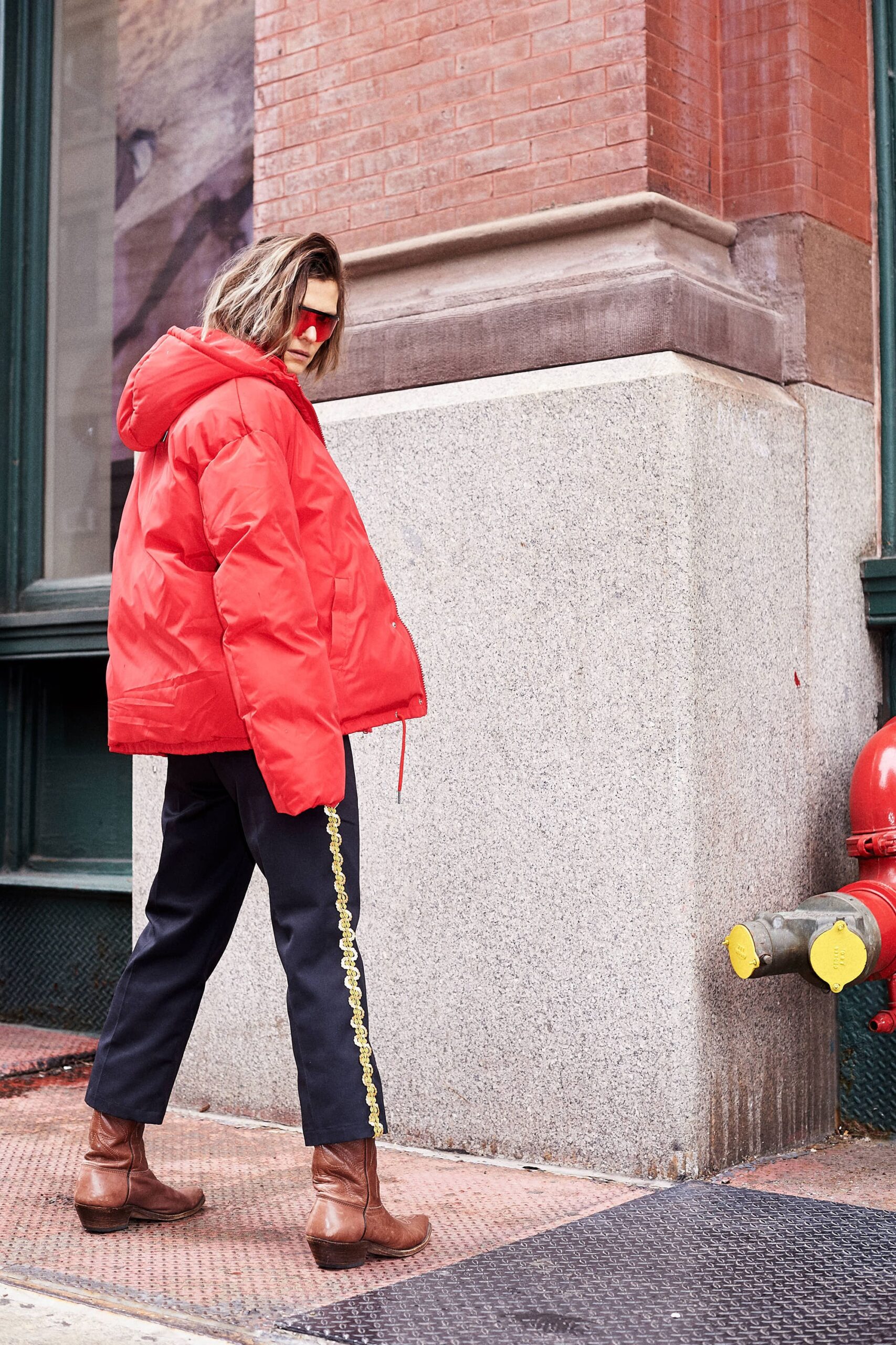 red jersey long-sleeve hooded oversized zippered jacket