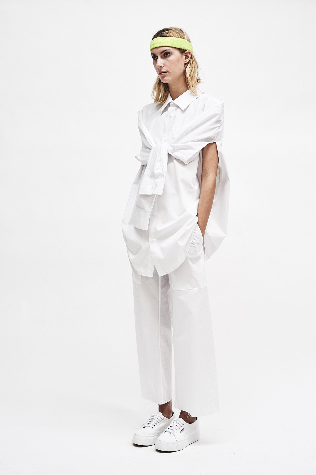 oversized white shirt and relaxed pants