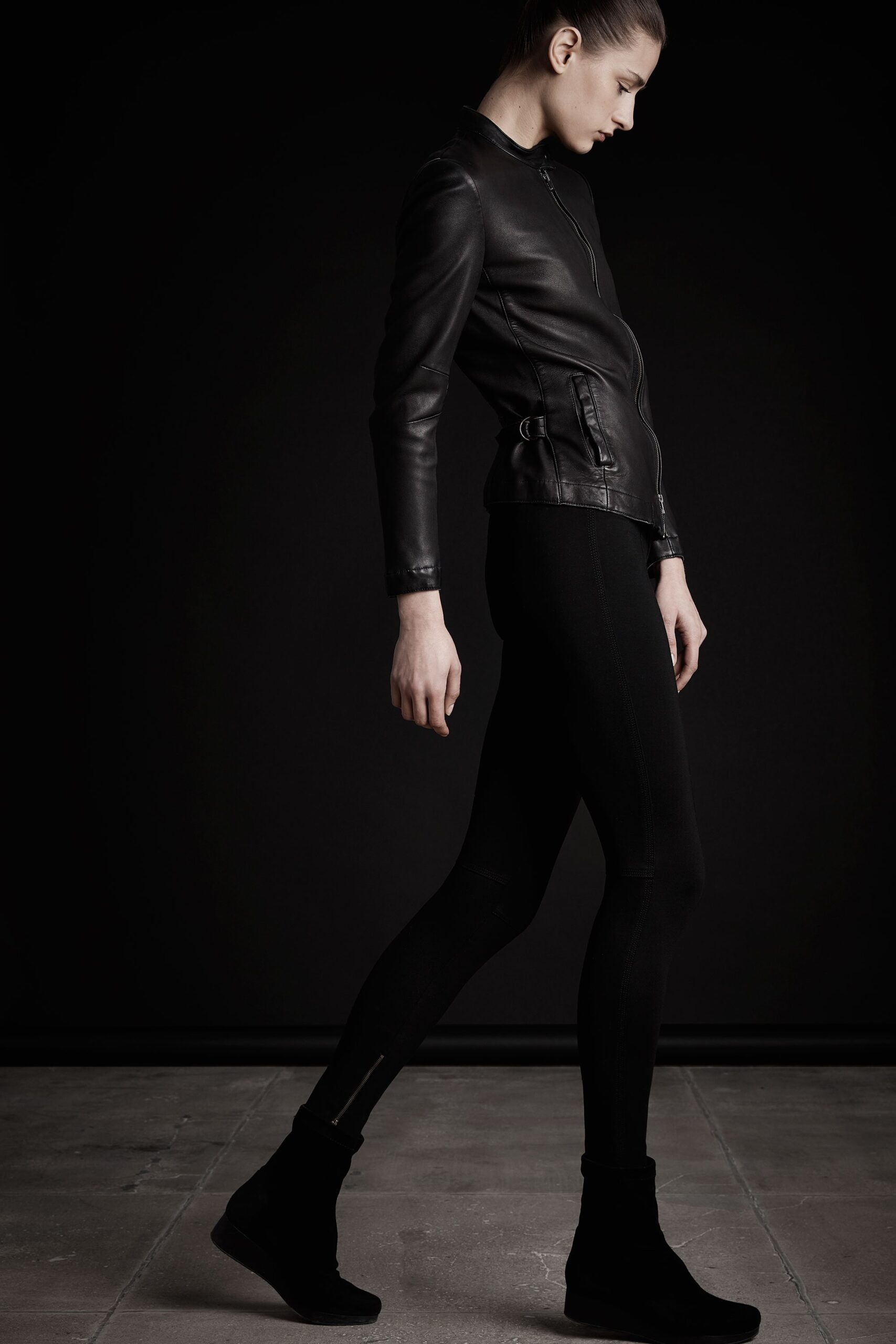 black leather fitted jacket with leggings