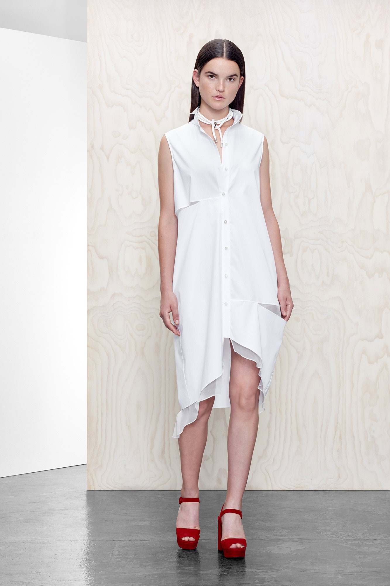 white cotton sleeveless collared relaxed buttoned midi shirt-dress