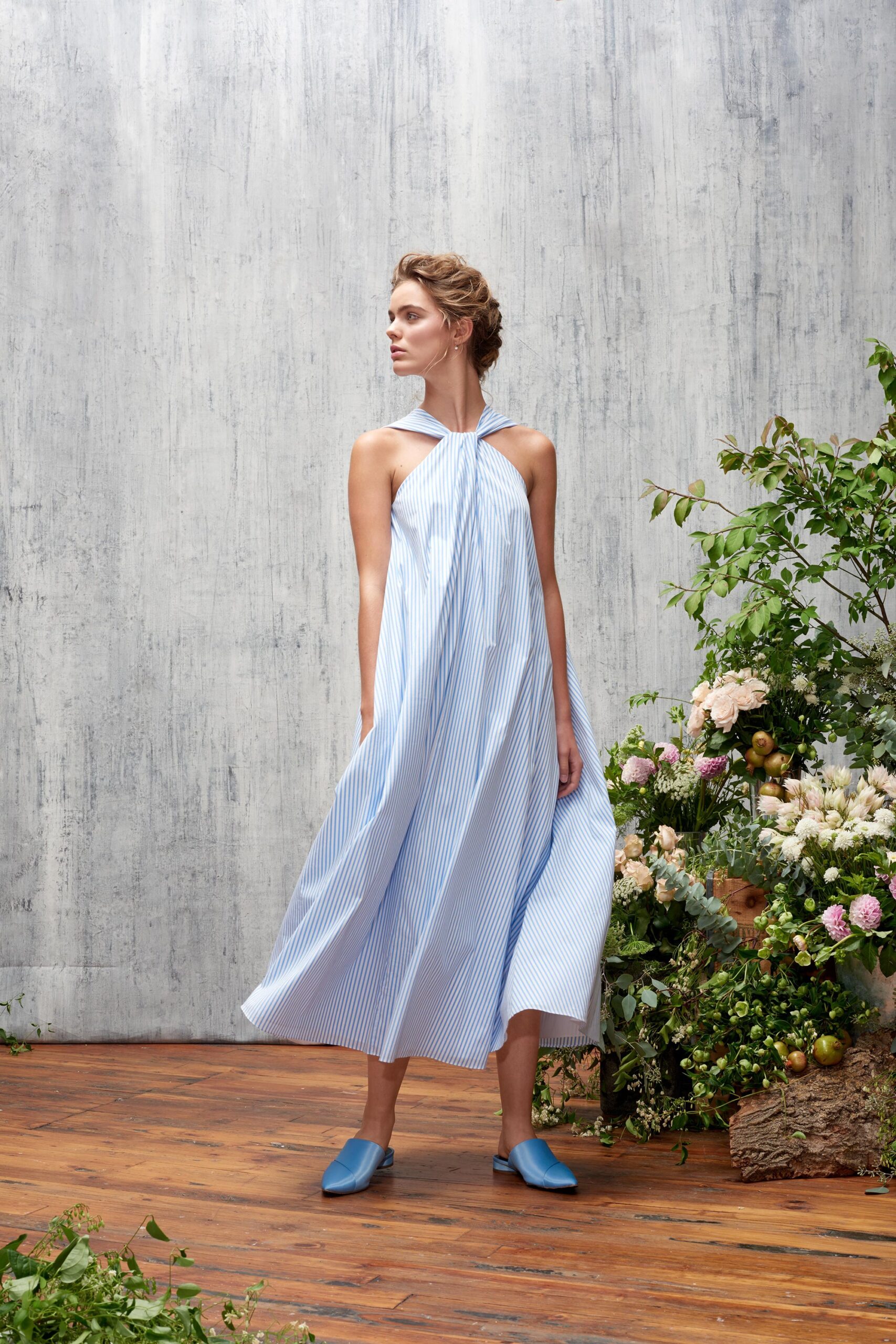 blue and white striped maxi dress