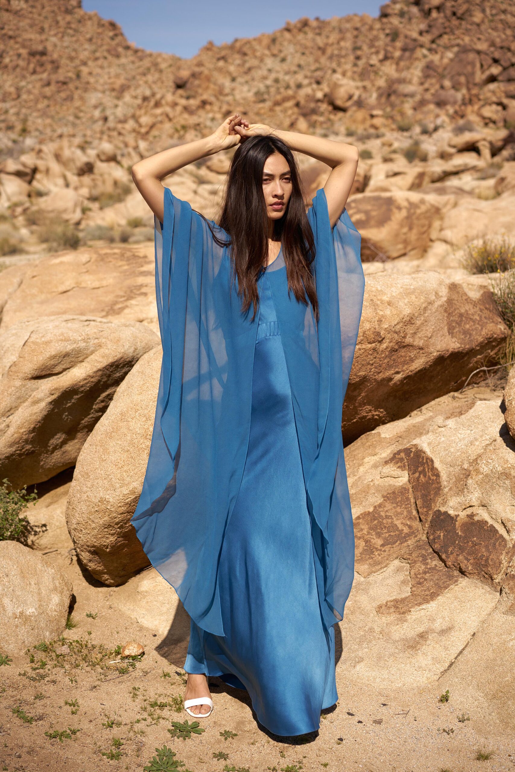 blue silk maxi dress with cape