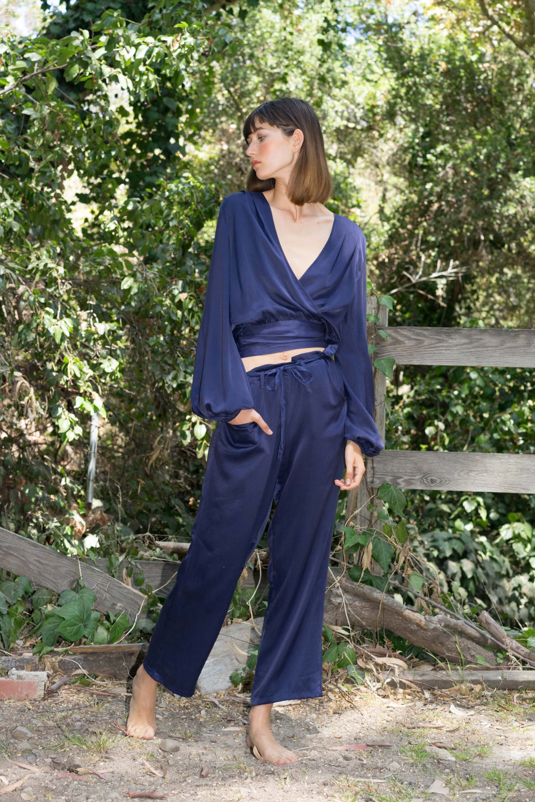 blue silk relaxed top and pants