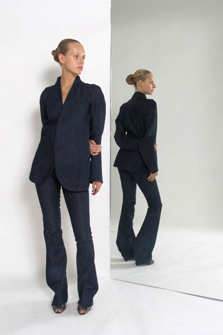 blue denim tailored blazer and flared pants