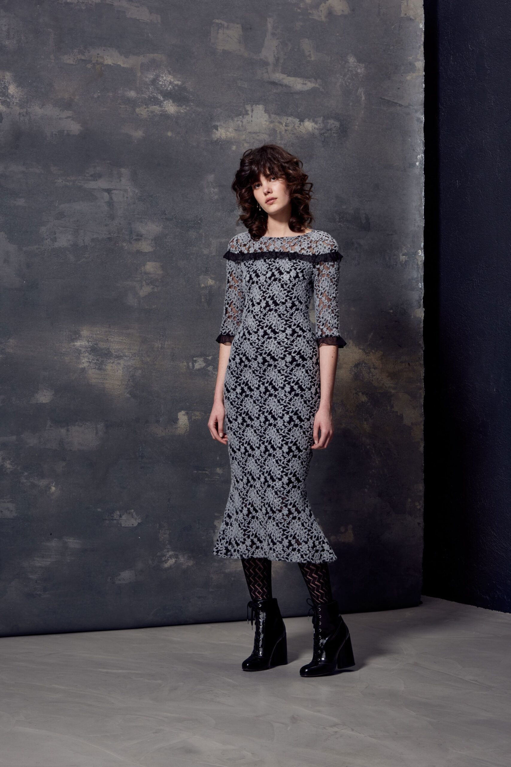 black and white lace midi dress