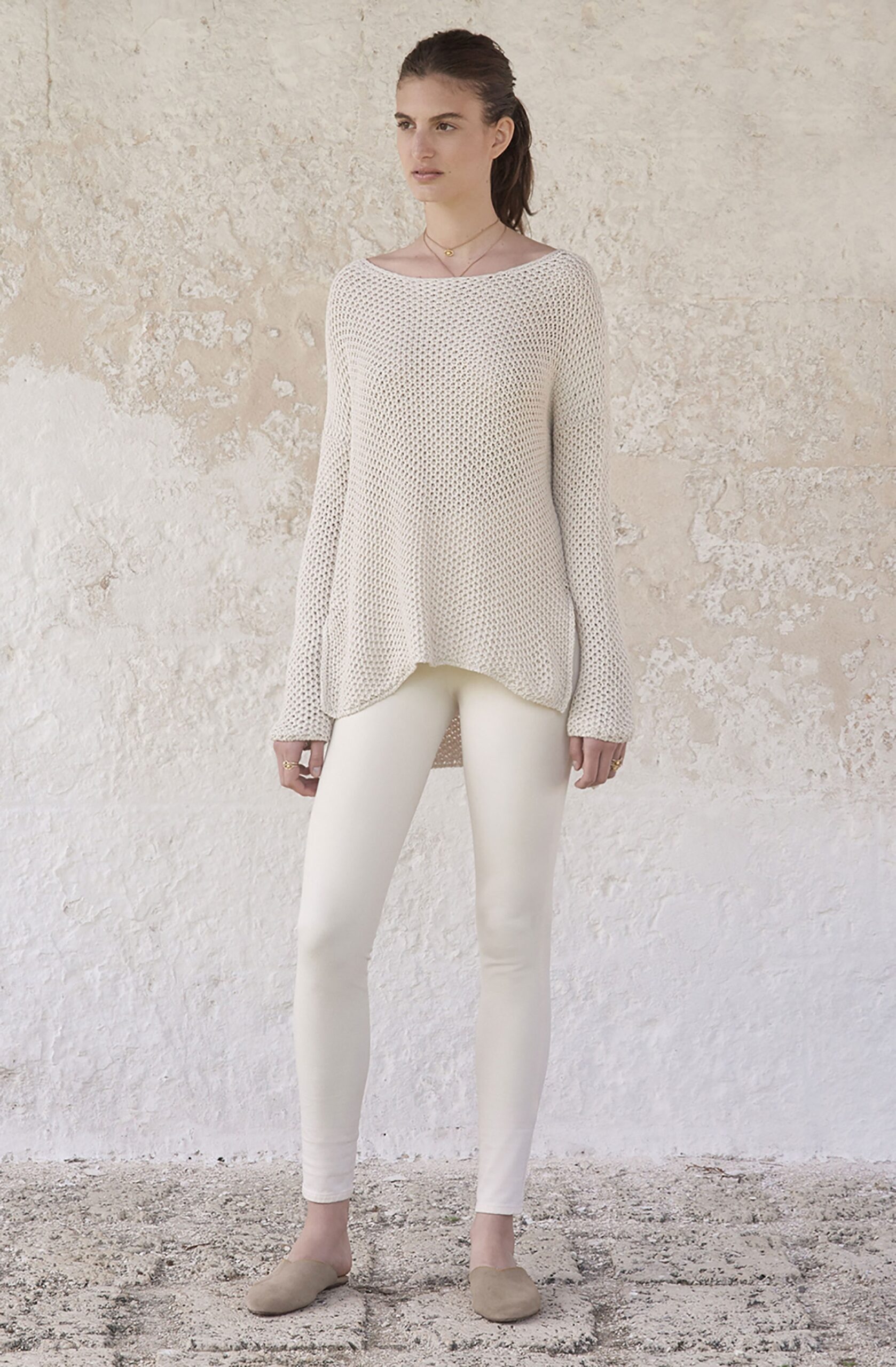 white cotton long-sleeve scoop-neck oversized textured top