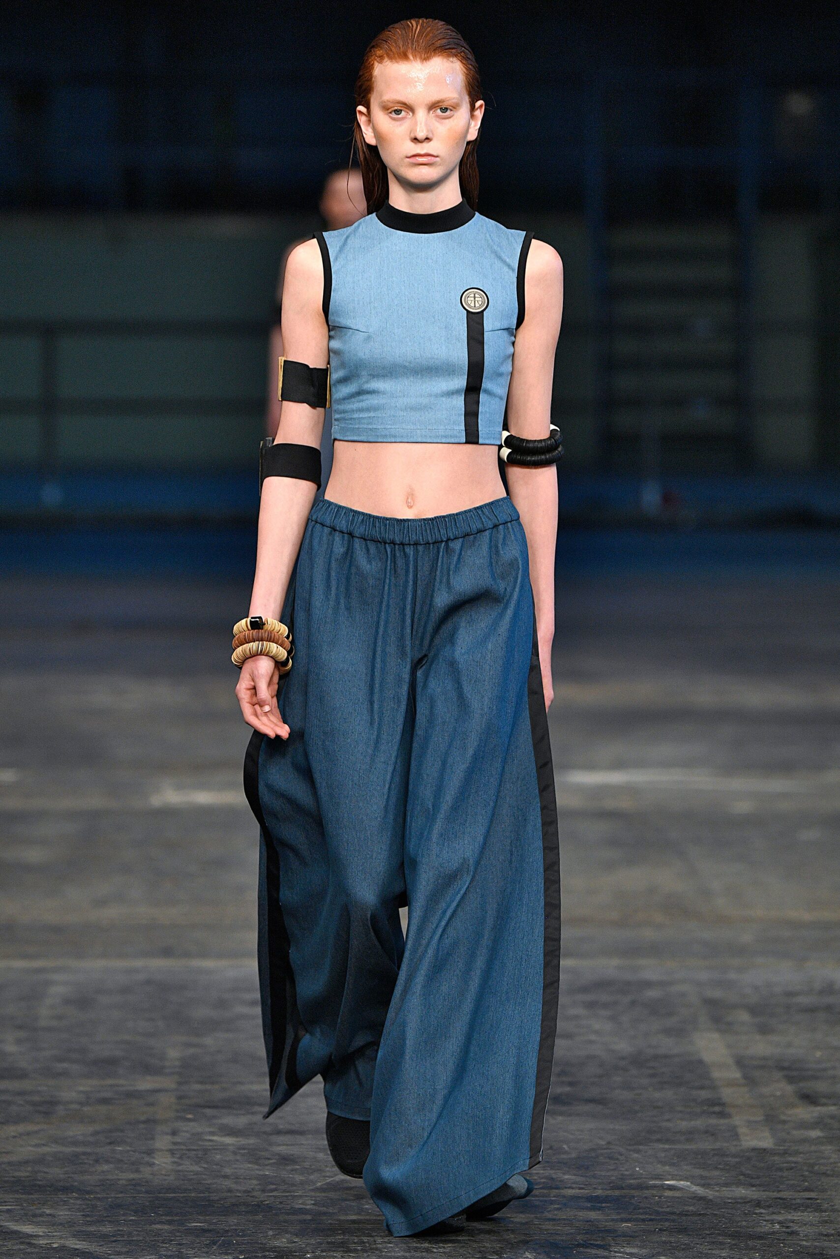 blue denim crop-top and pants