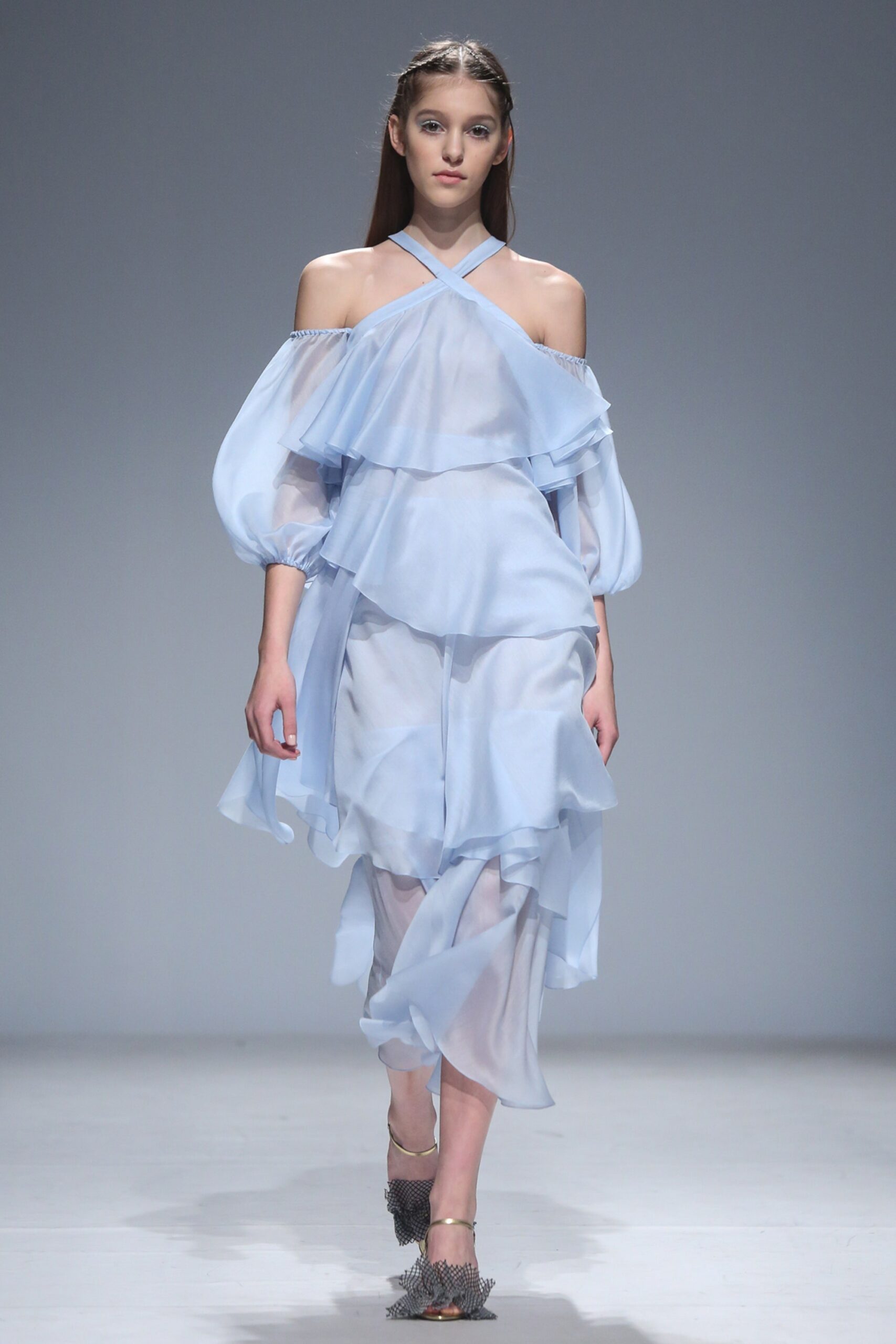 blue ruffled off-shoulder dress