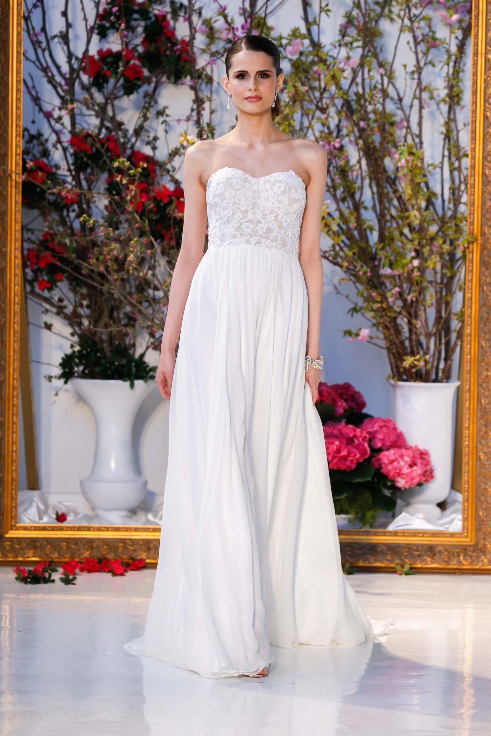white silk strapless gown
