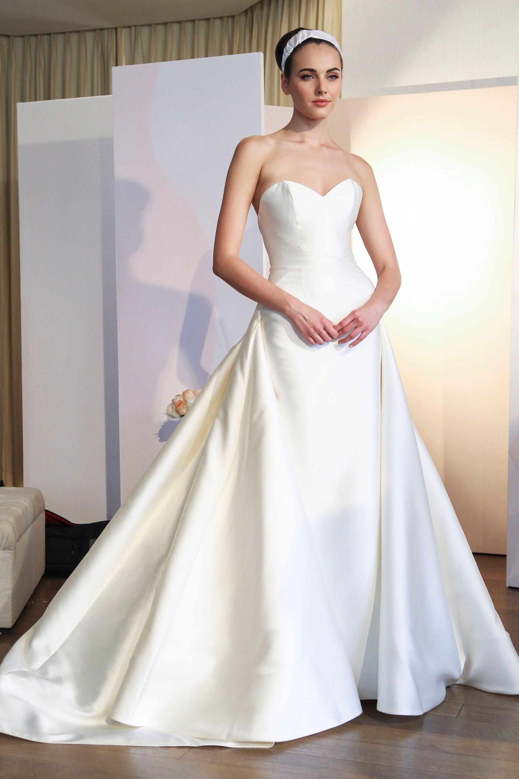 white silk strapless gown