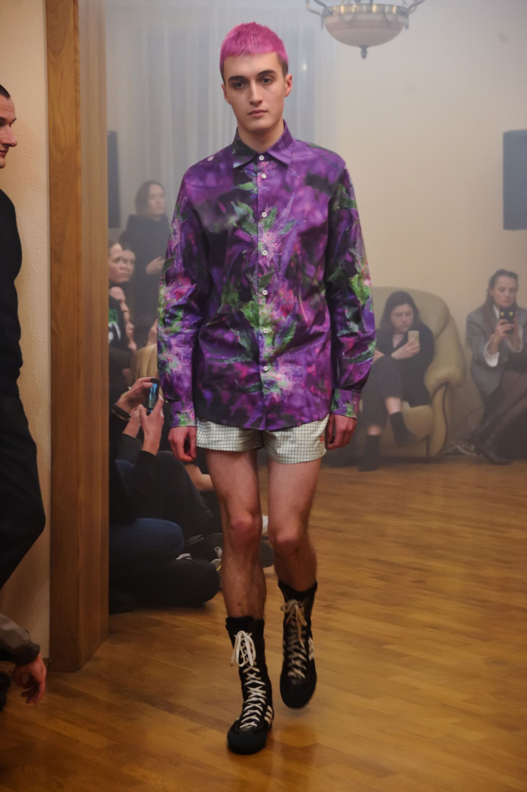 purple printed shirt with shorts