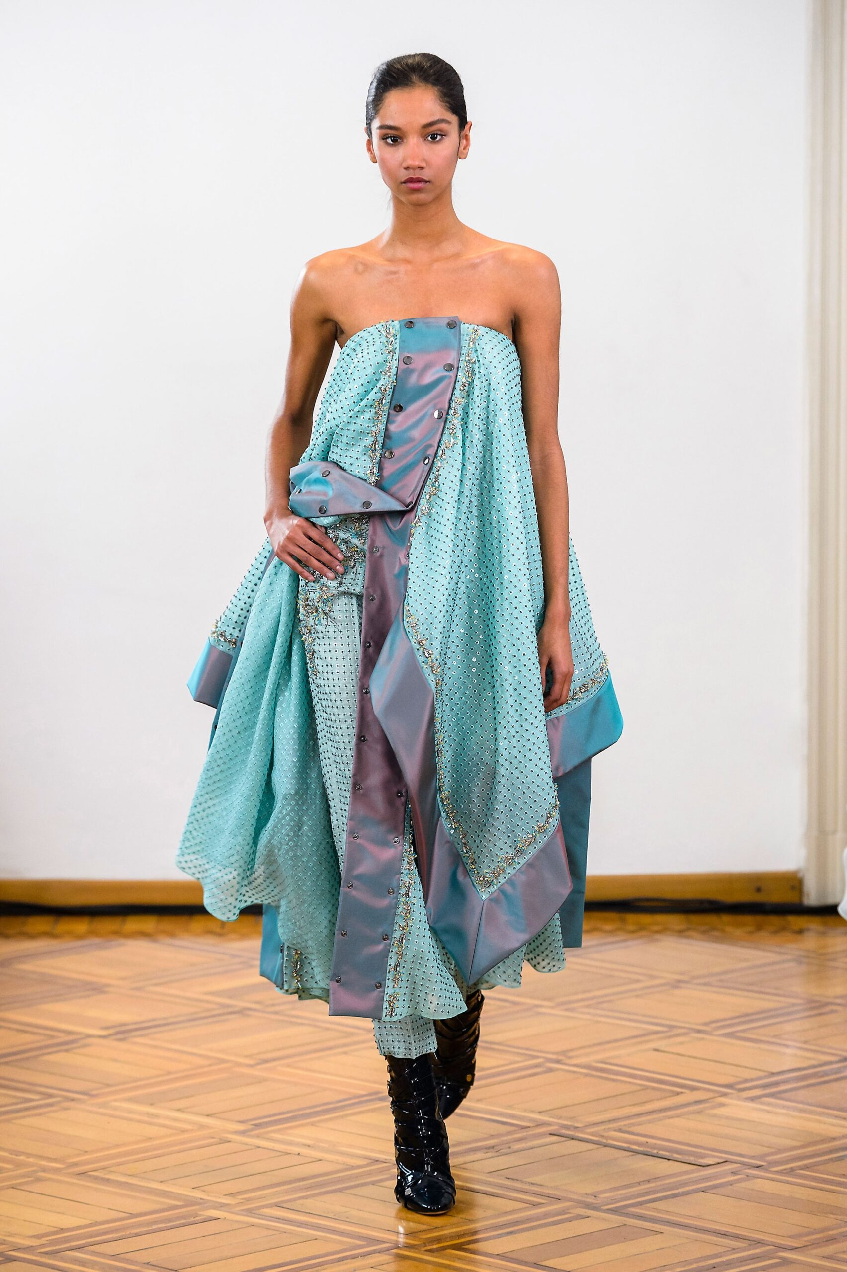 blue and purple strapless dress