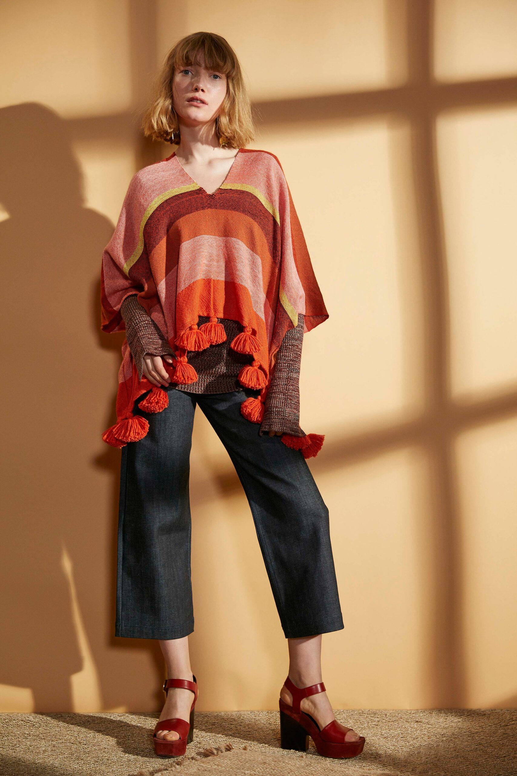 red cotton sleeveless v-neck relaxed fringed poncho