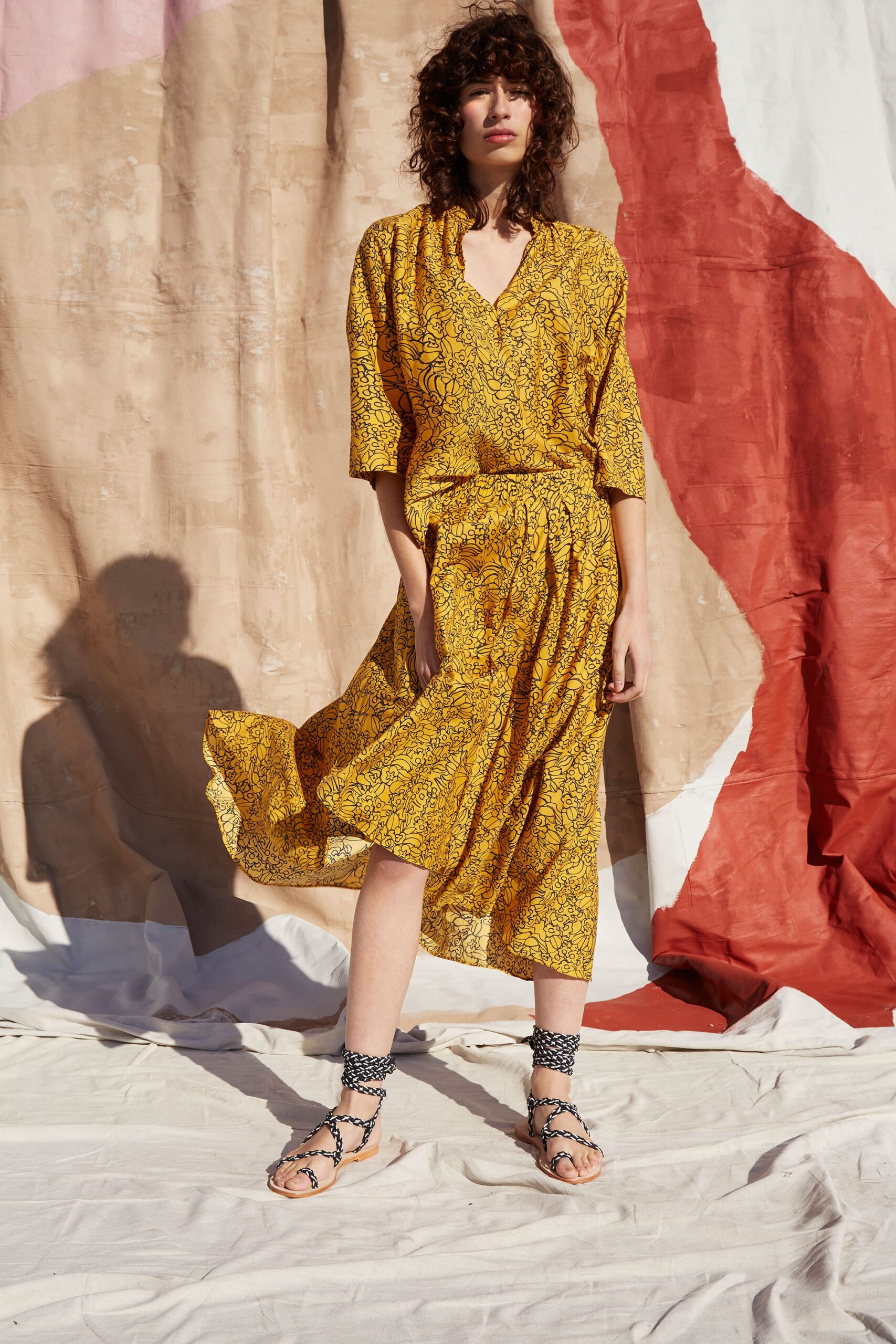 yellow cotton long-sleeve v-neck relaxed printed tiered dress