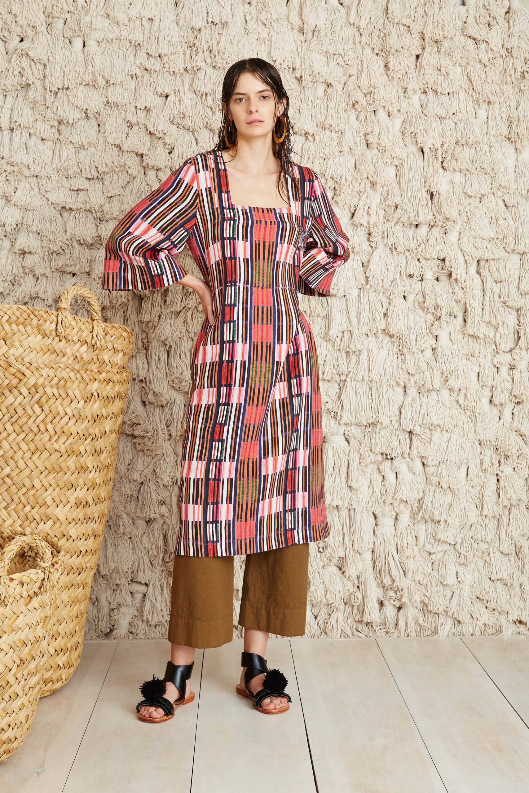 printed midi dress with relaxed pants