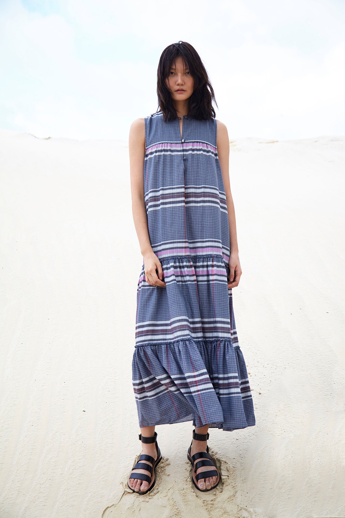 blue striped maxi dress with strappy shoes
