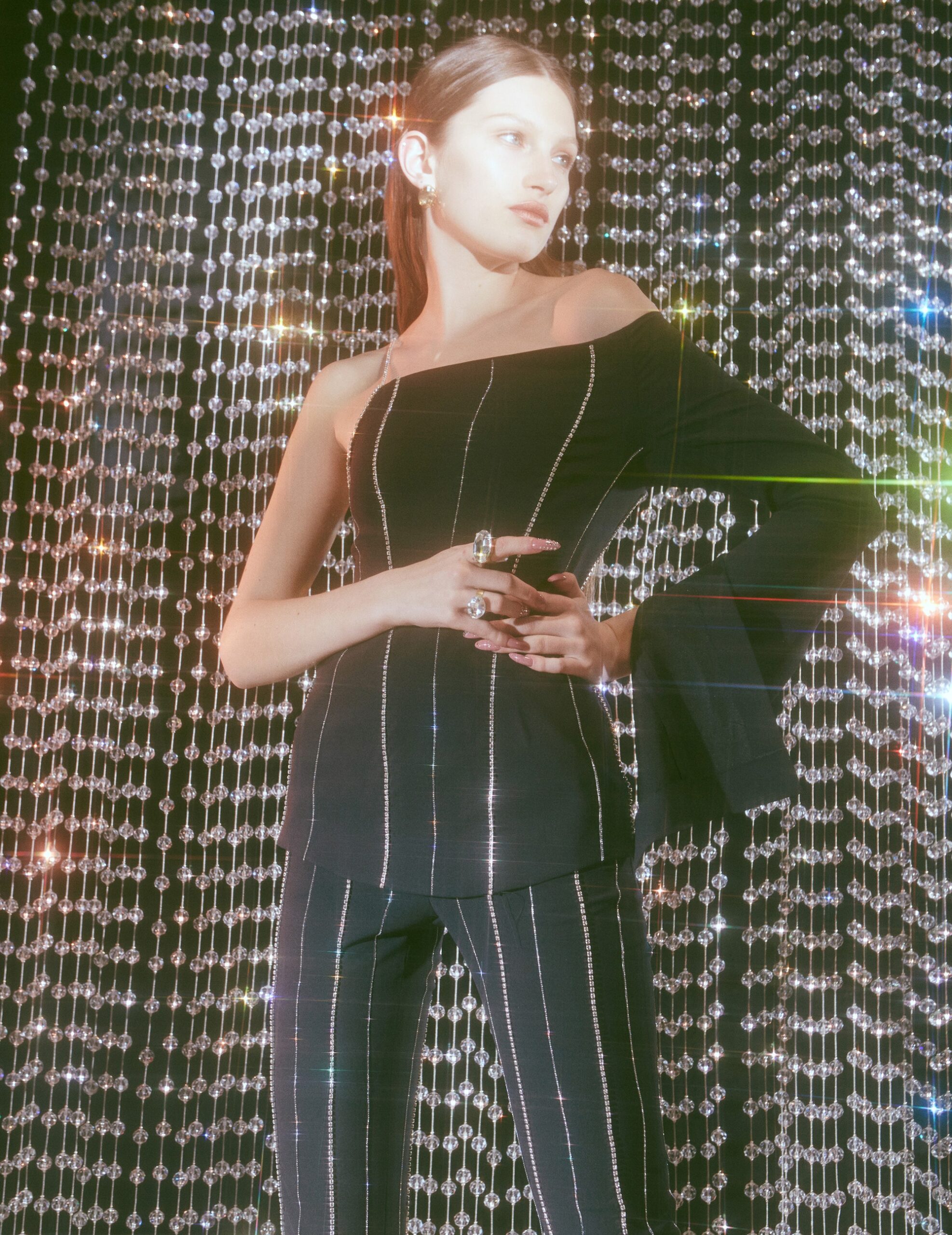 black fitted off-shoulder top and pants