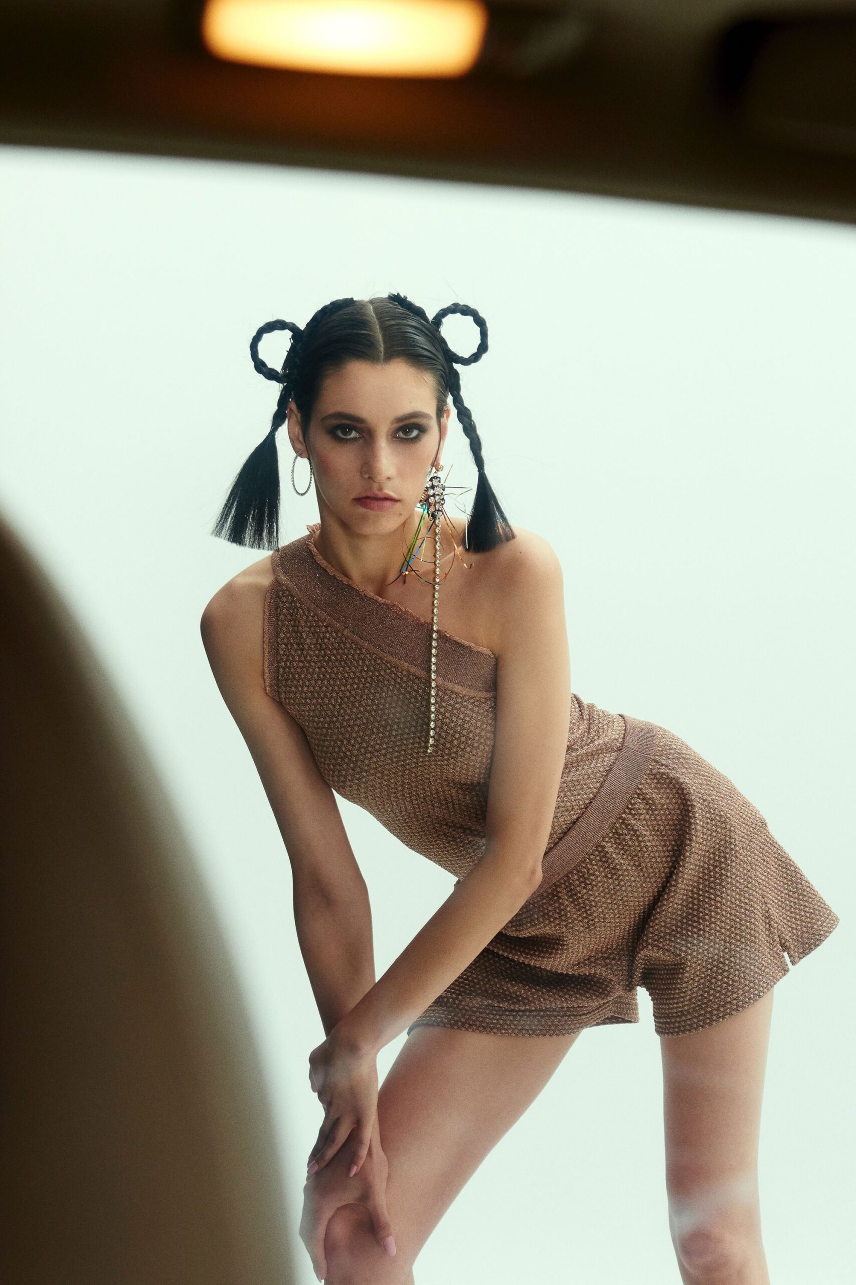 brown fitted one-shoulder romper