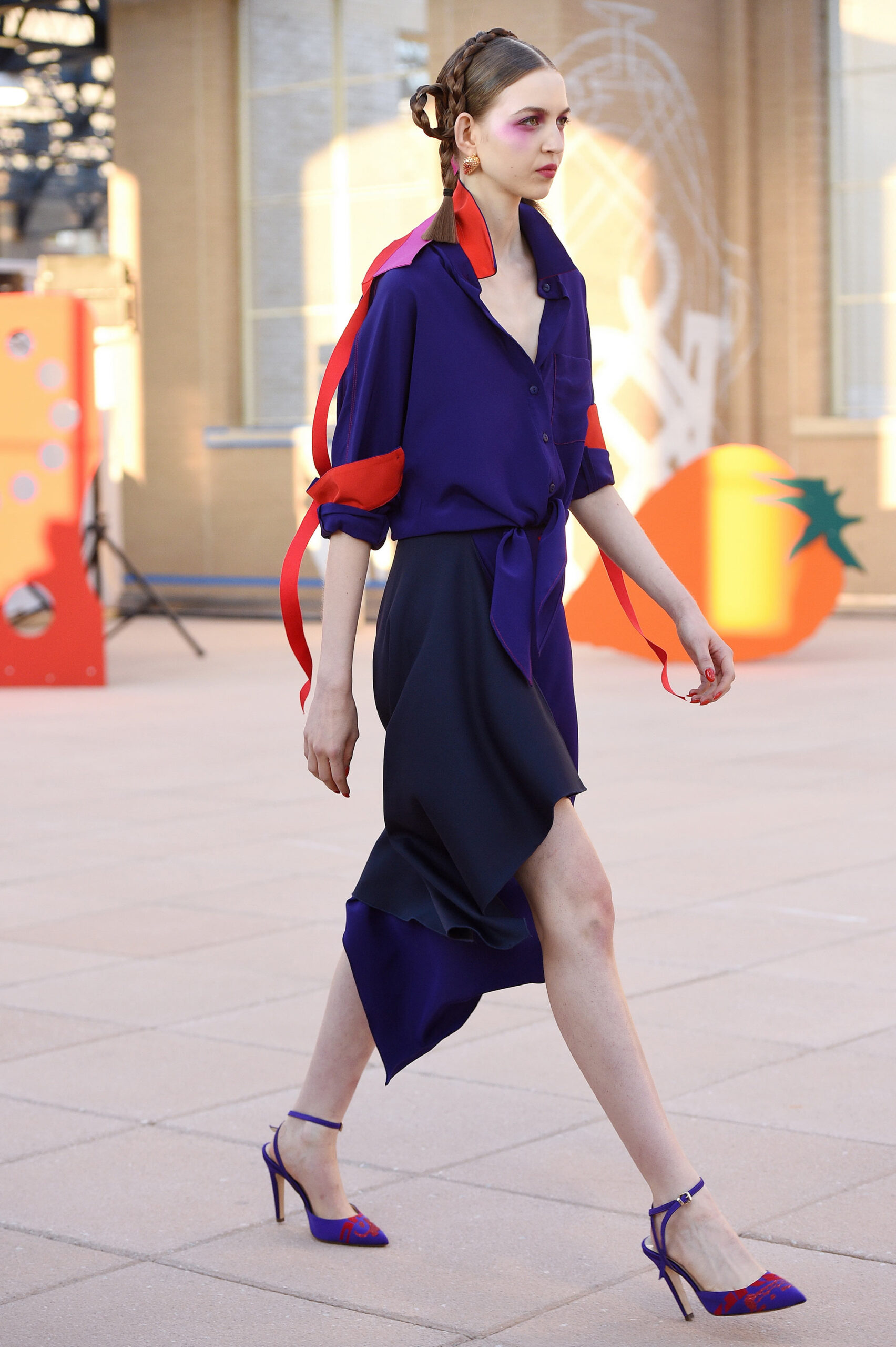 purple blue asymmetric dress with strappy shoes
