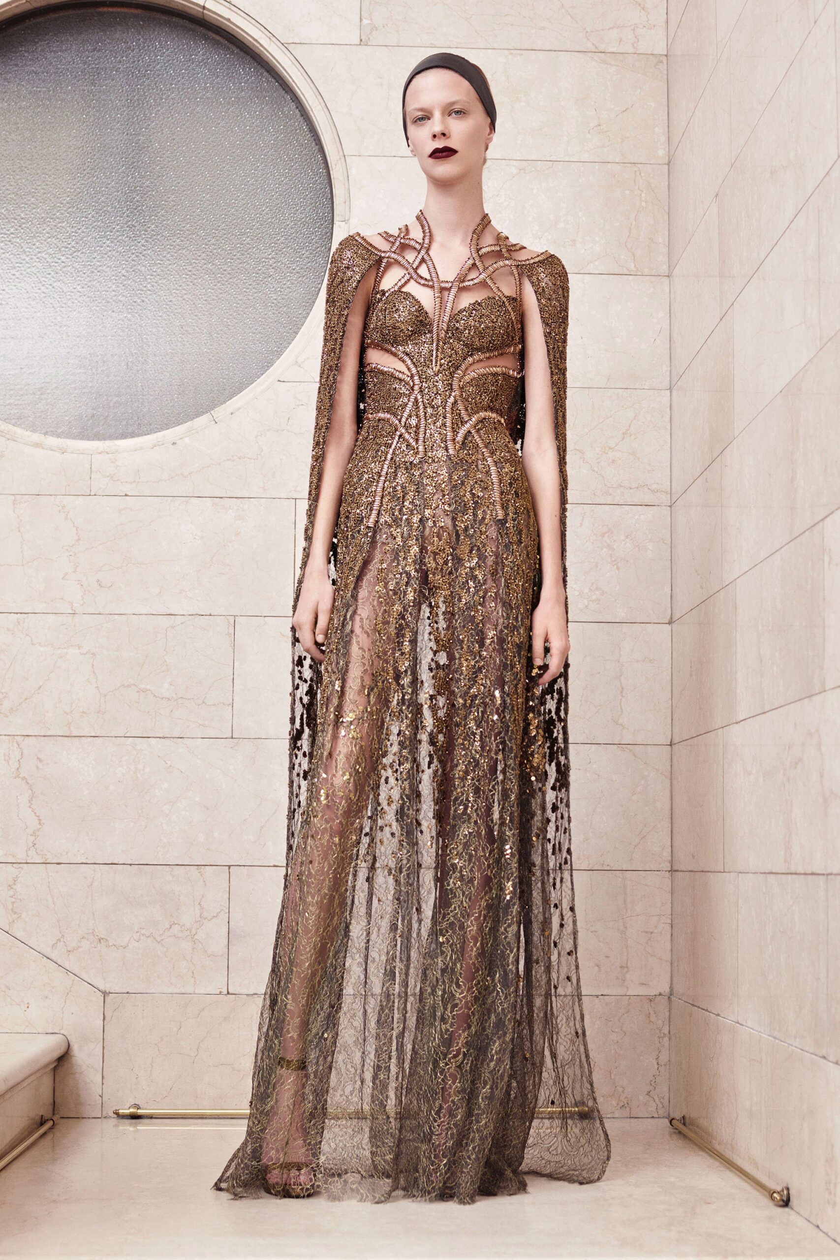 gold silk long-sleeve relaxed layered flowing cape