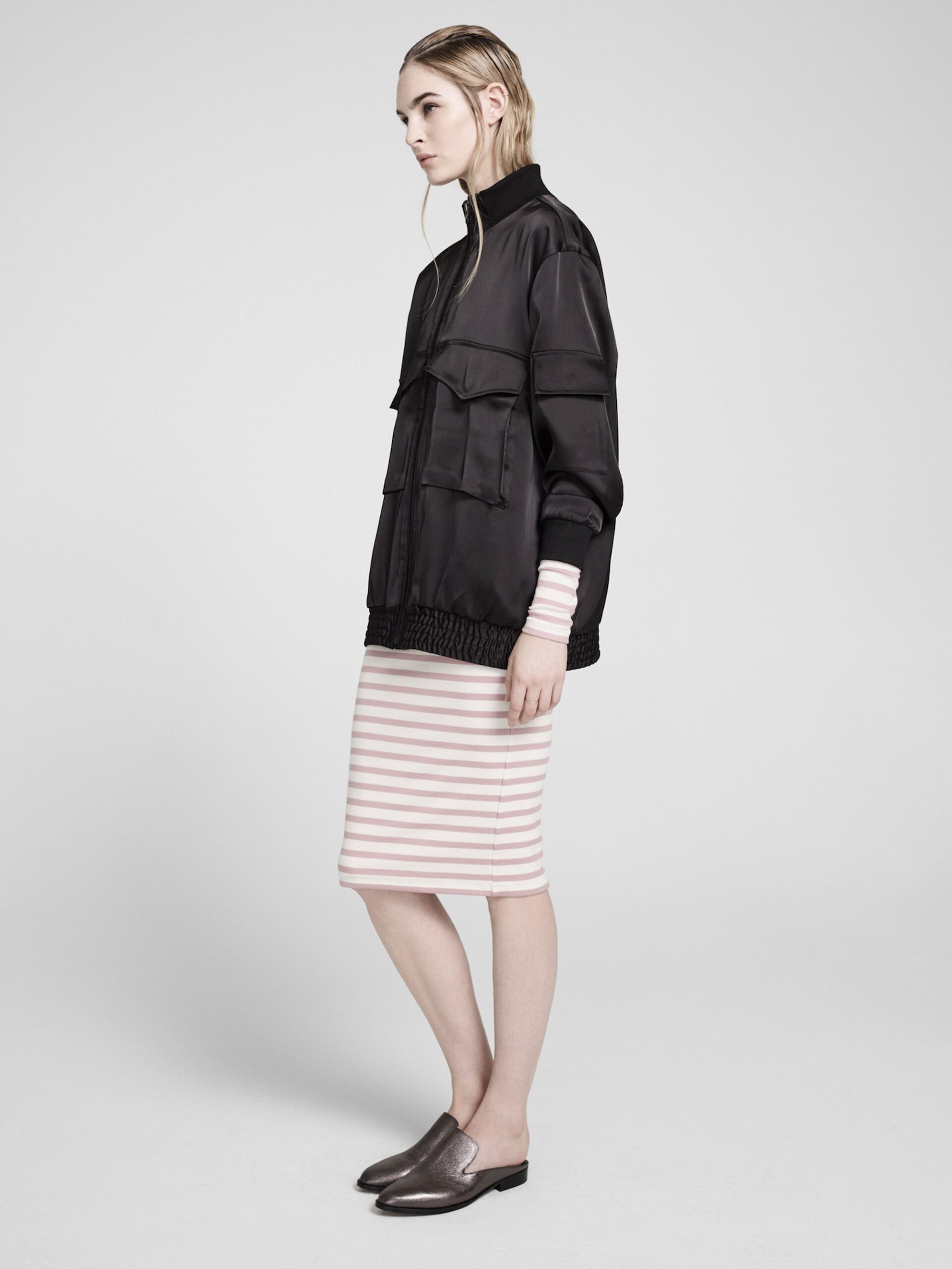 black silk jacket and striped dress