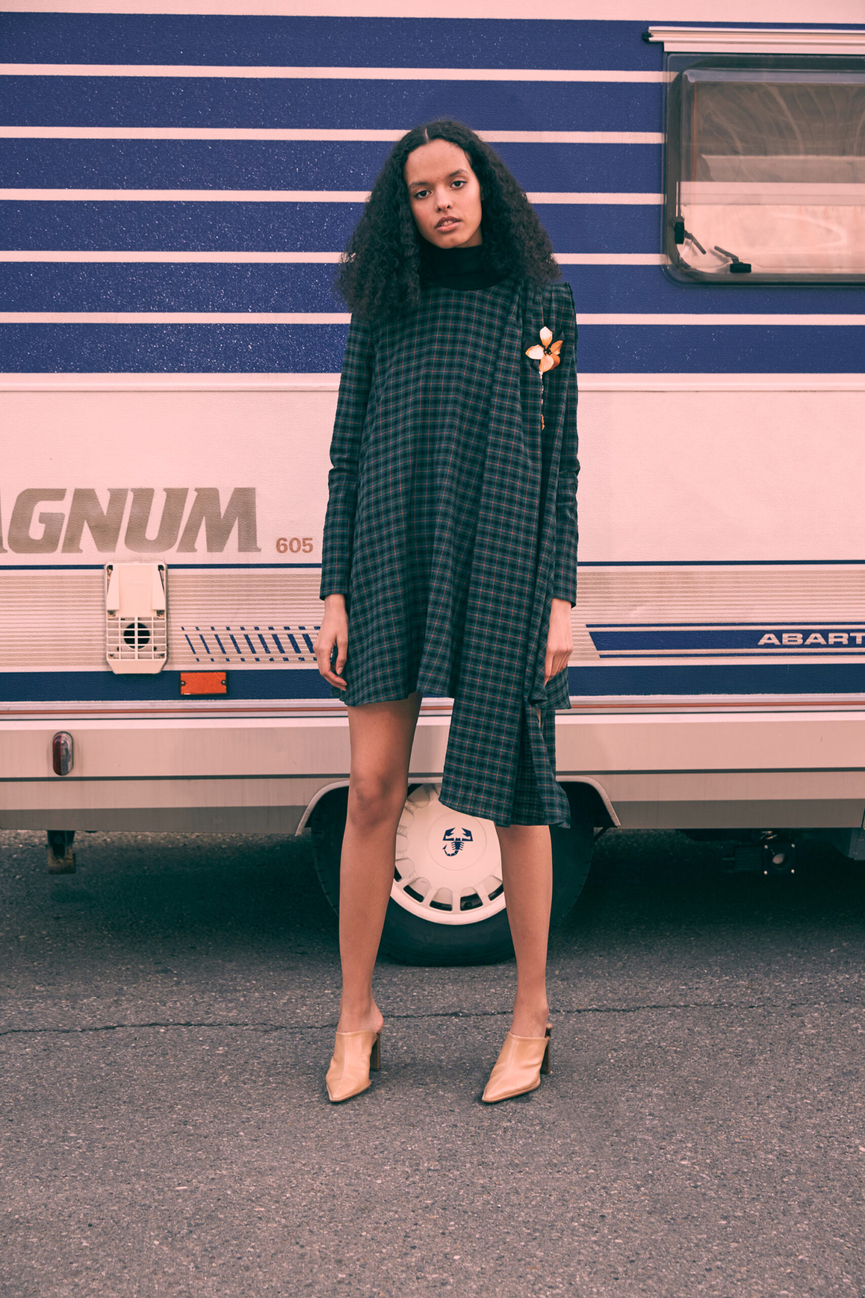 asymmetric checked mini dress