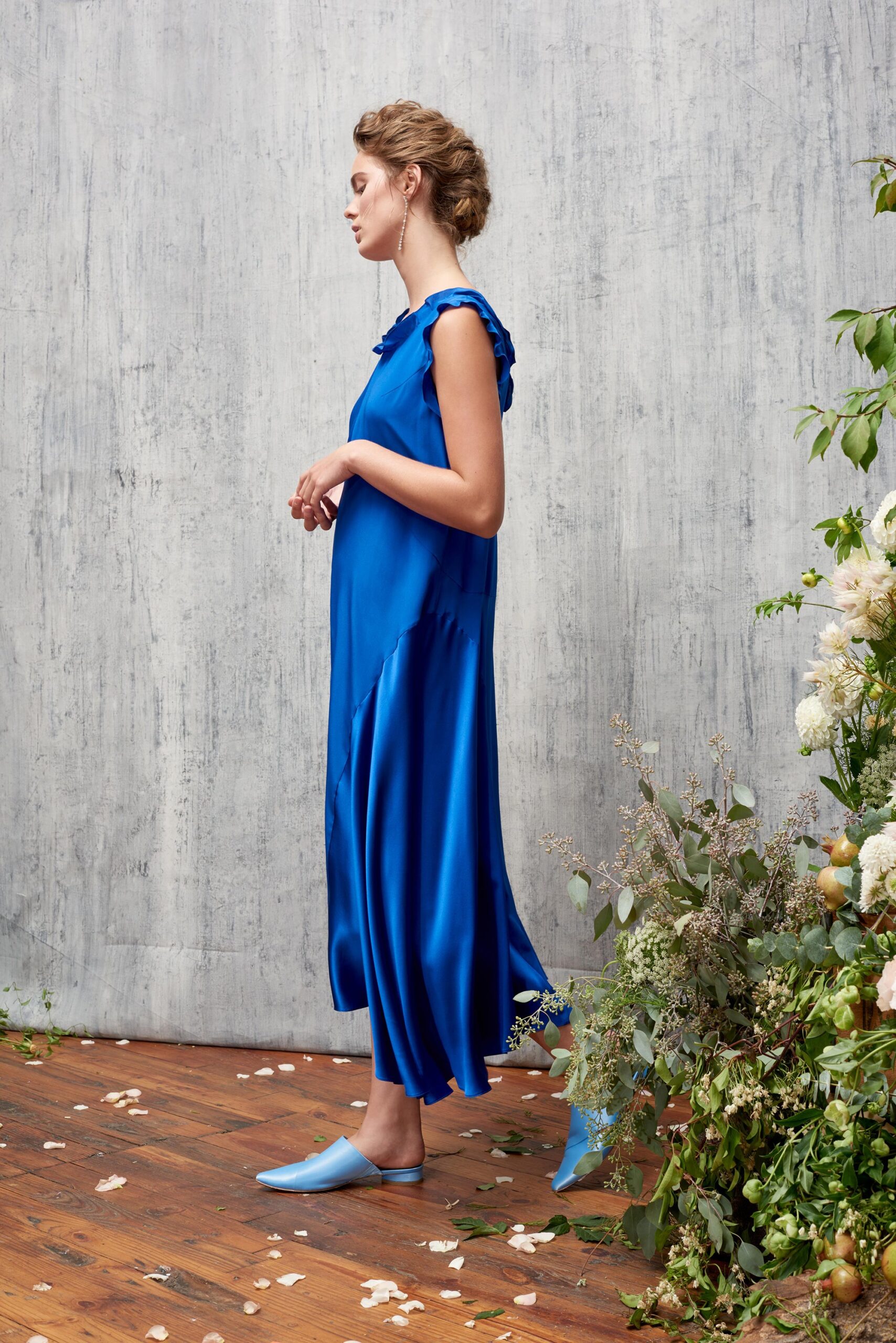 blue silk relaxed midi dress