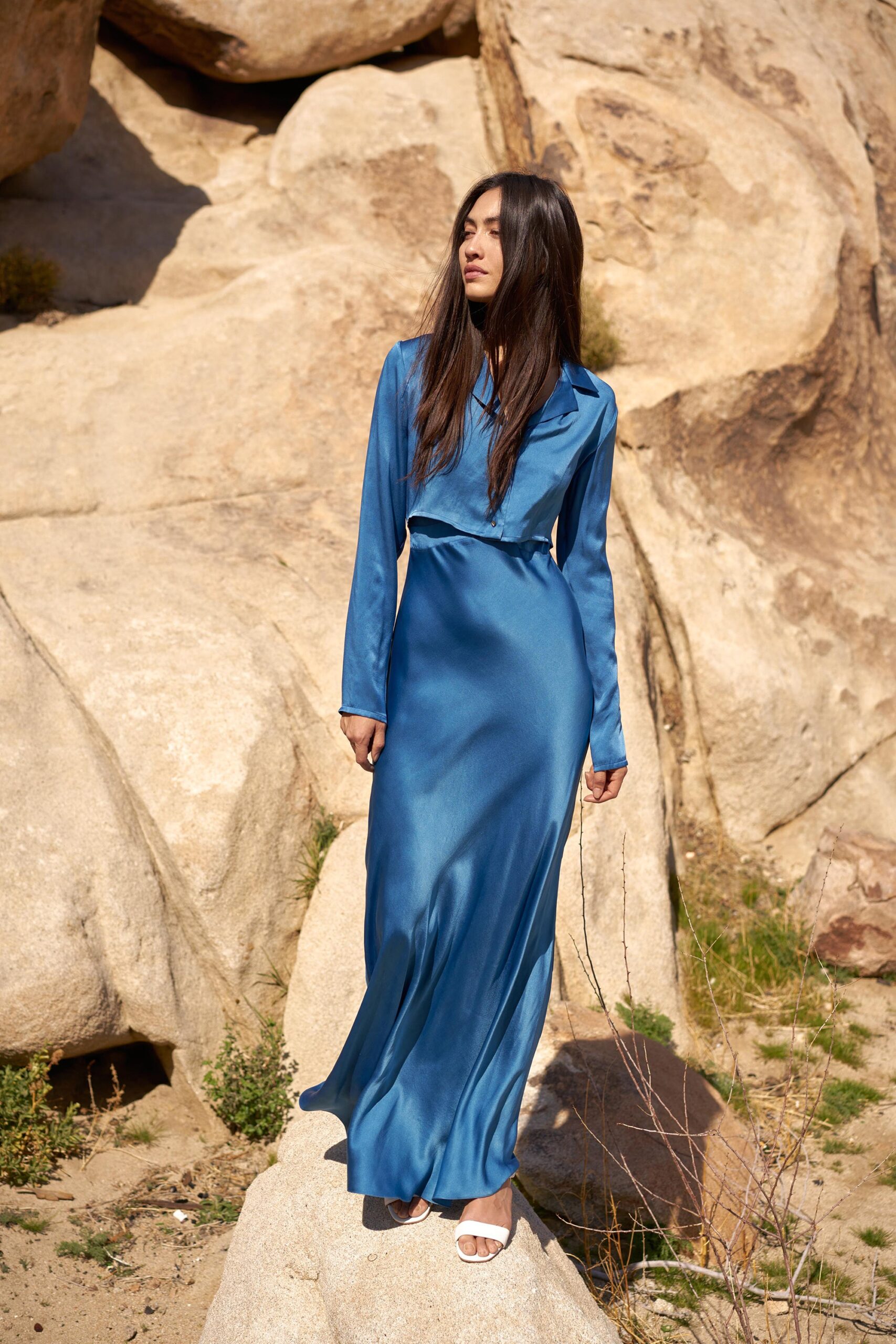 blue silk long-sleeve dress