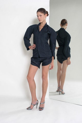 black denim long-sleeve collared fitted structured jacket