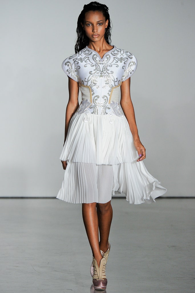 white pleated embroidered midi dress
