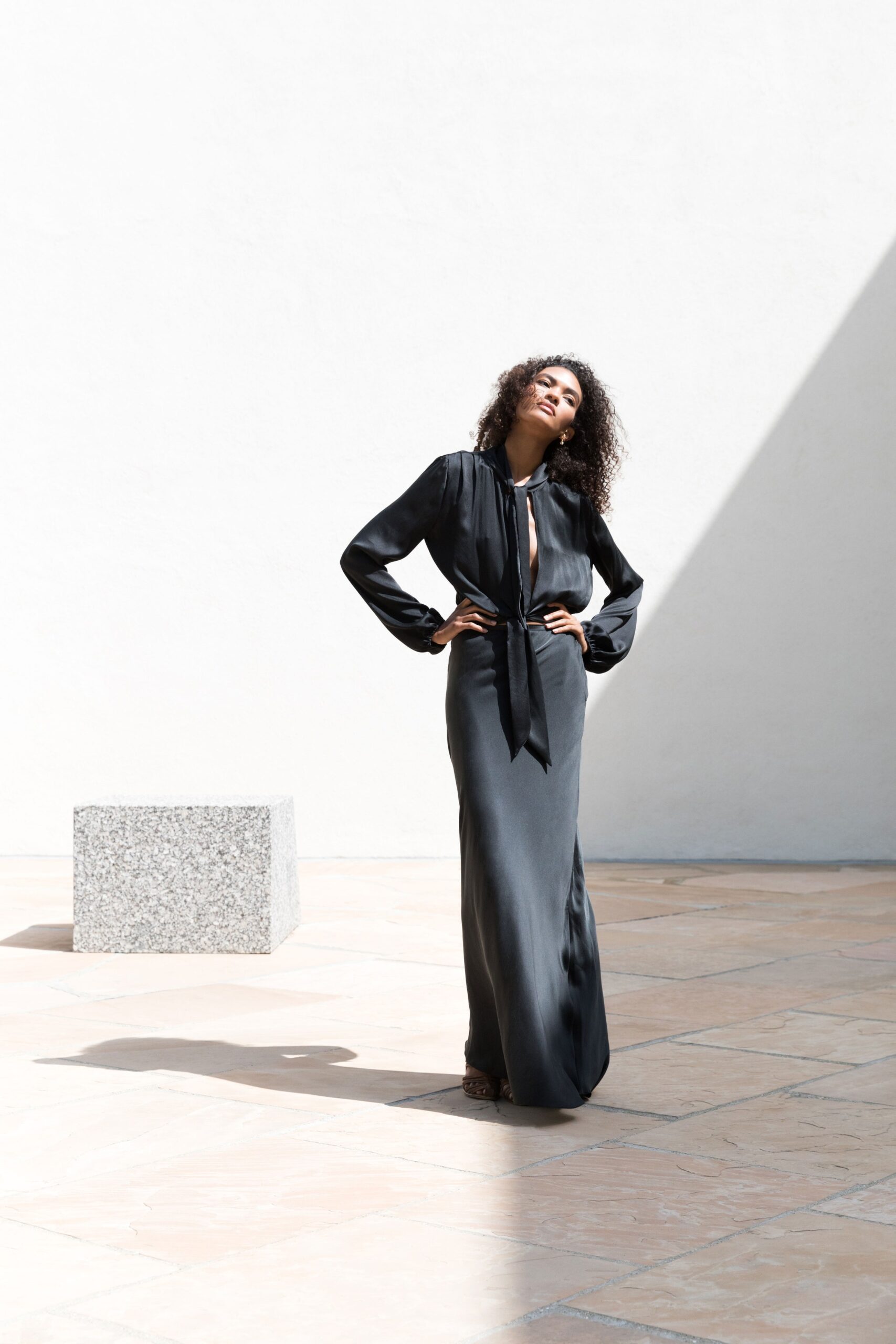 black silk fitted gown