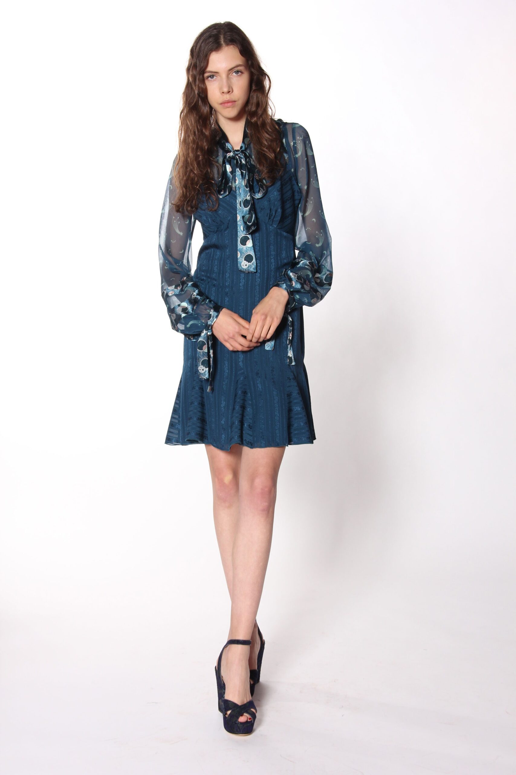 blue silk long-sleeve collared fitted pleated tiered dress