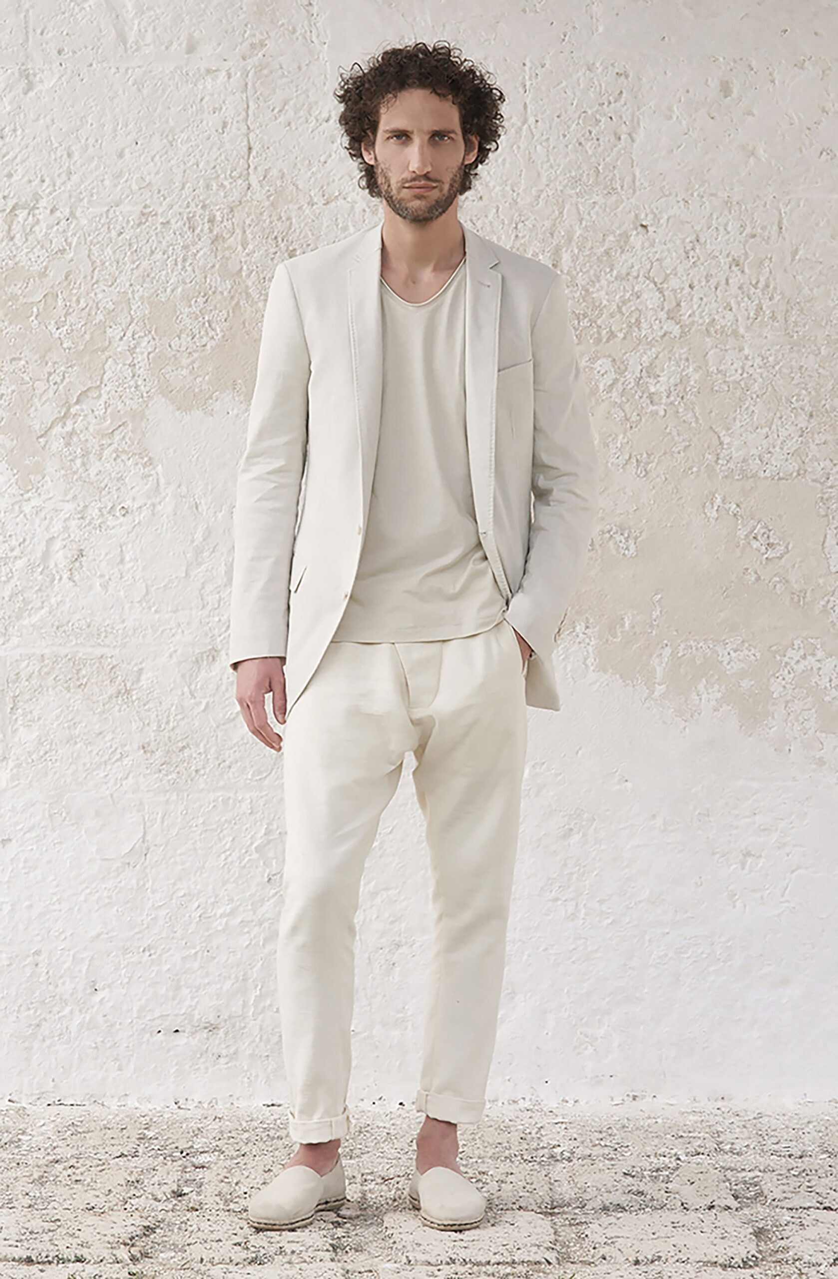 white tailored suit with t-shirt