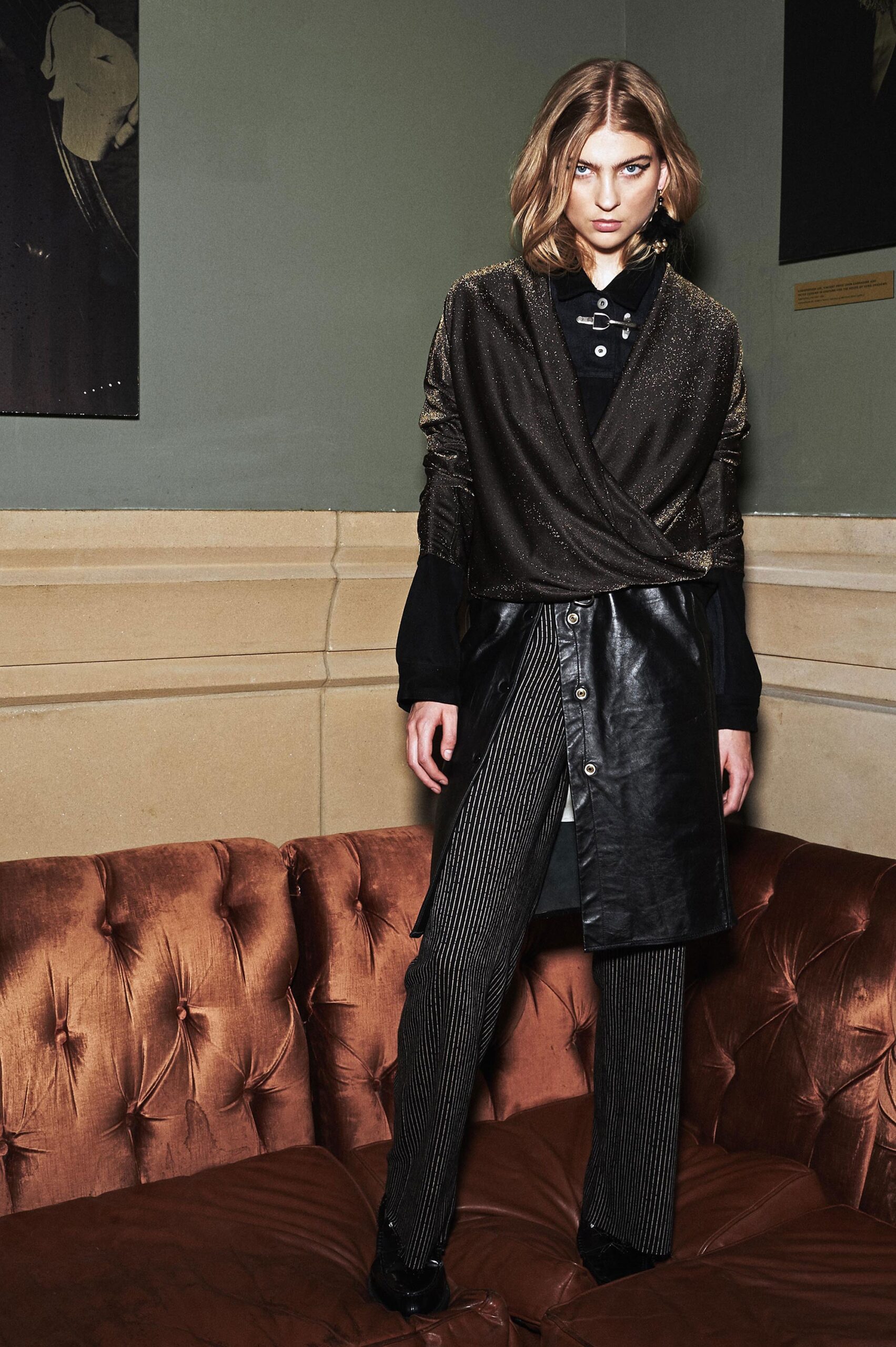 black silk long-sleeve collared fitted draped top