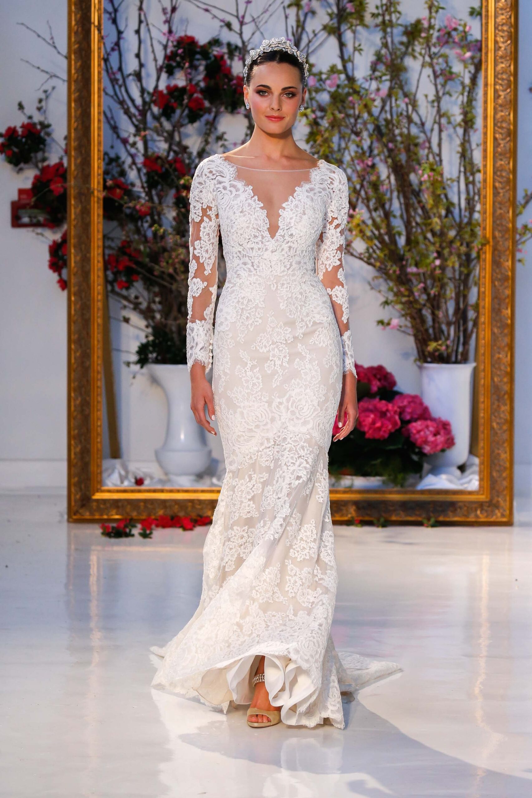 white lace long-sleeve gown