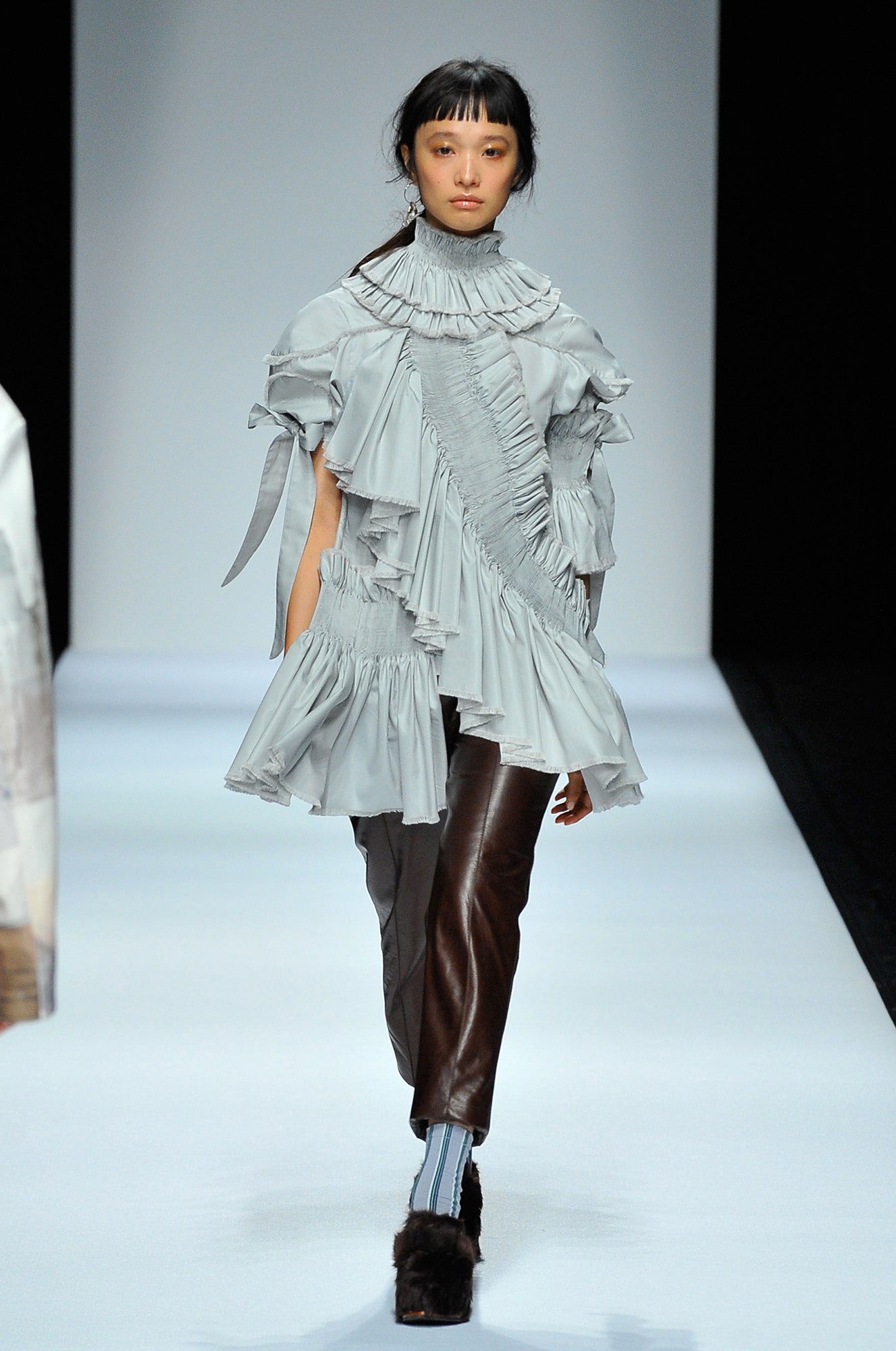 gray silk long-sleeve high-neck relaxed ruffled draped top