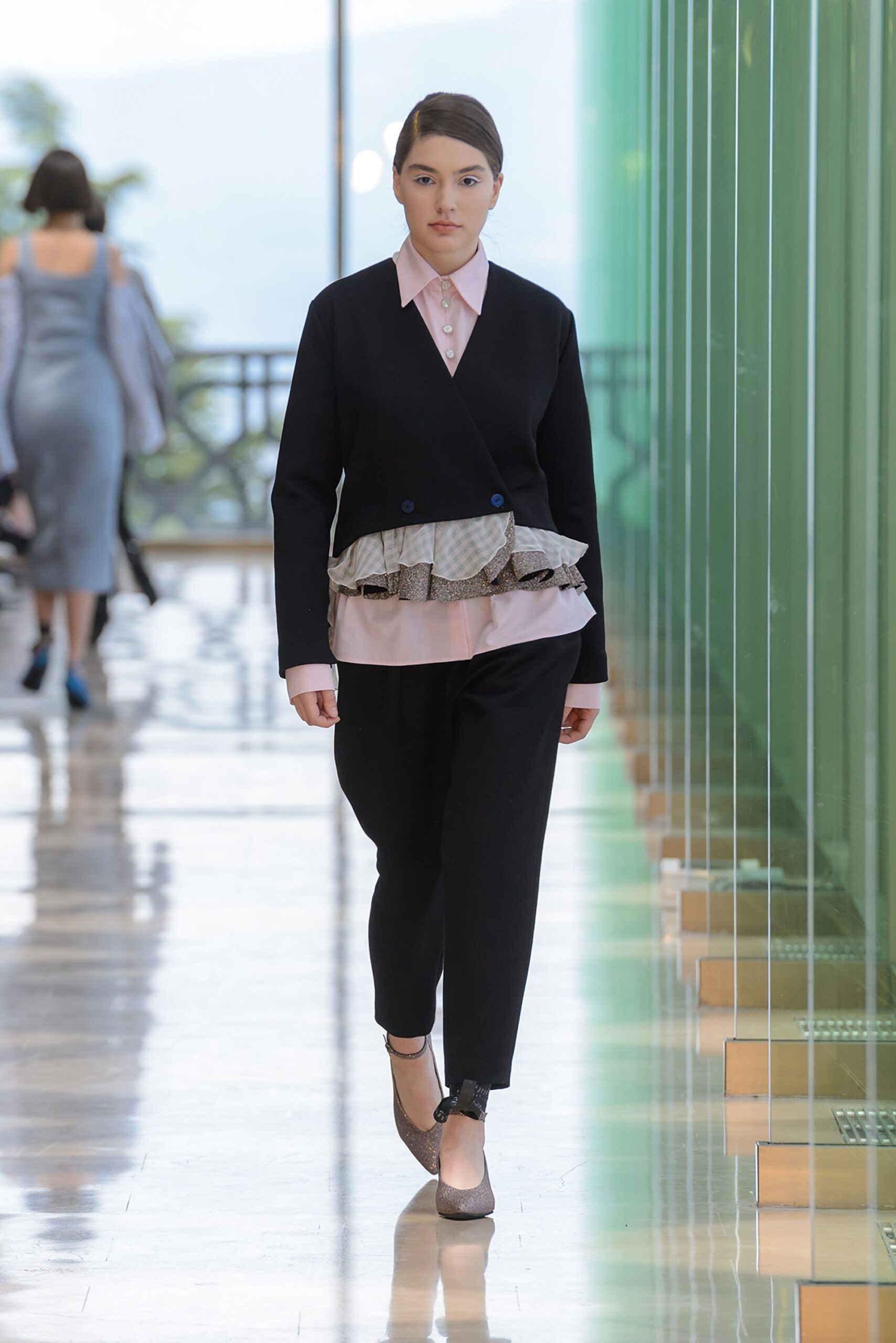 black tailored blazer with pink shirt