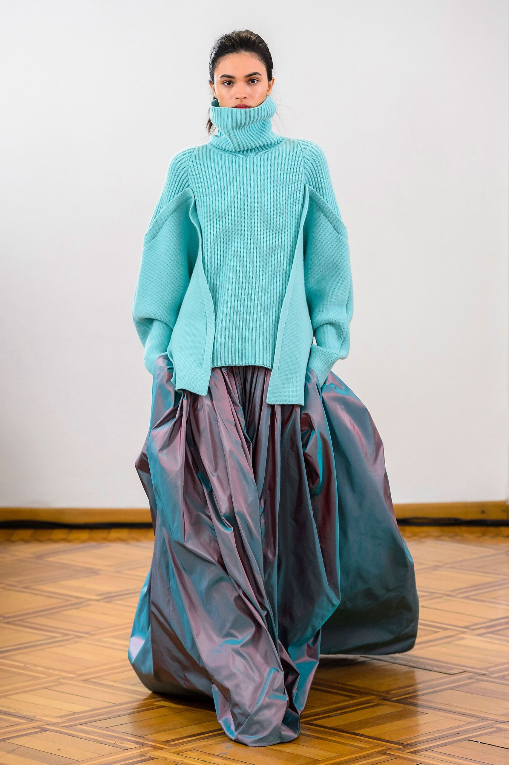blue oversized sweater with purple skirt