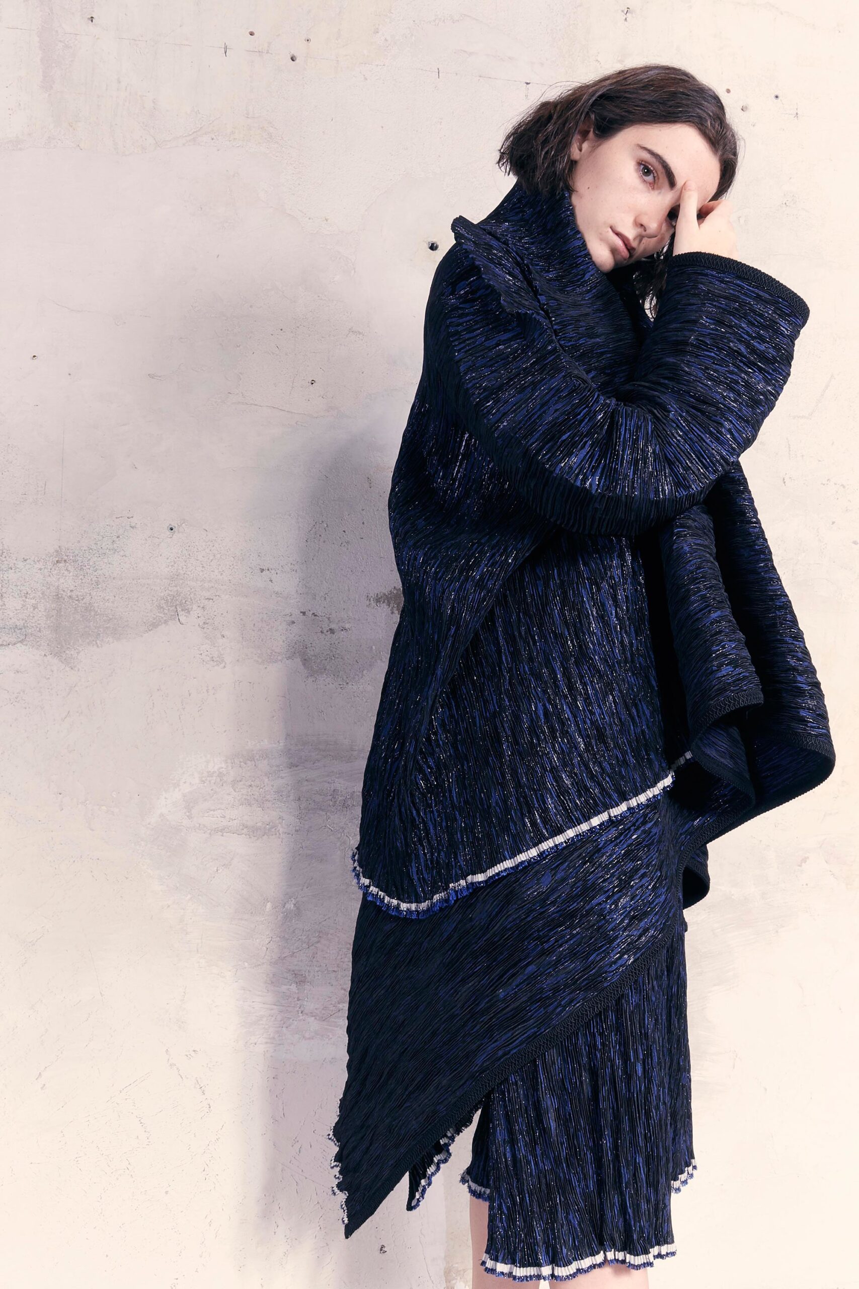 black silk long-sleeve asymmetric oversized draped flowing coat