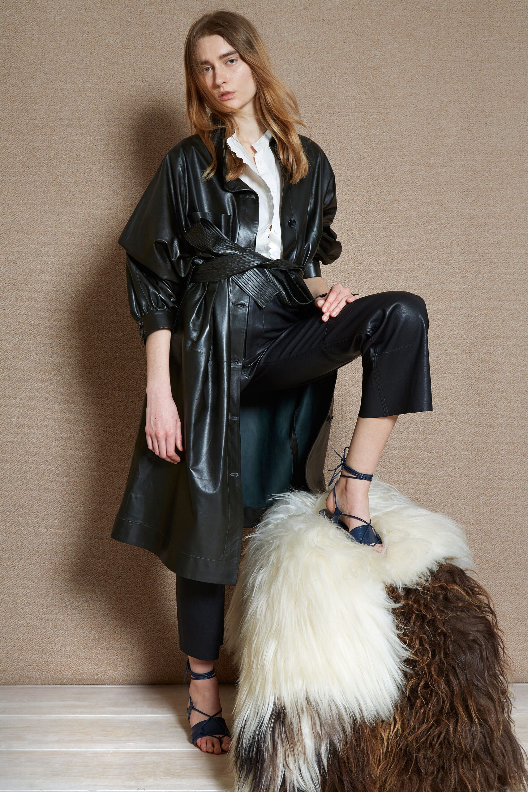 black leather coat with white shirt