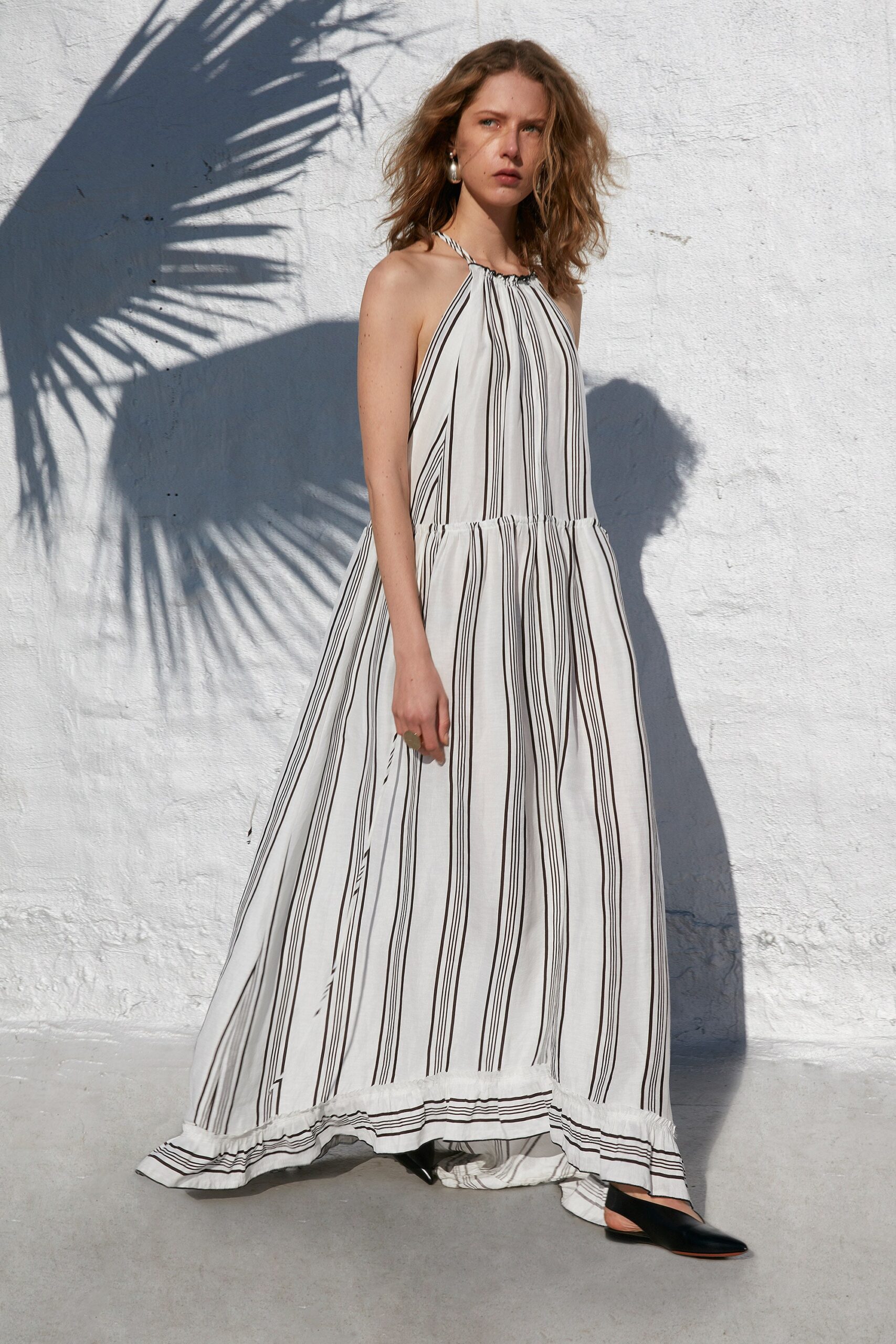 white and black striped maxi dress