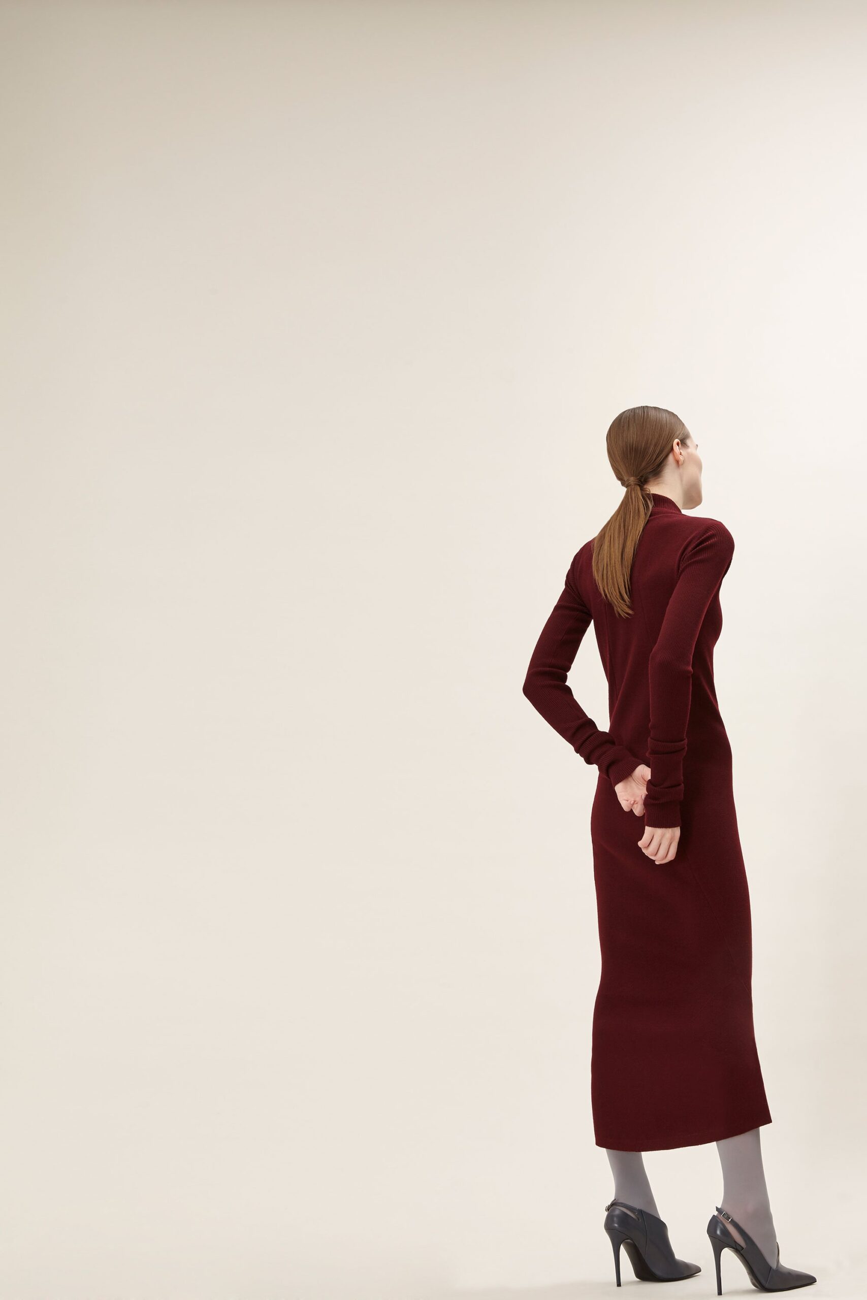 fitted maroon wool midi dress