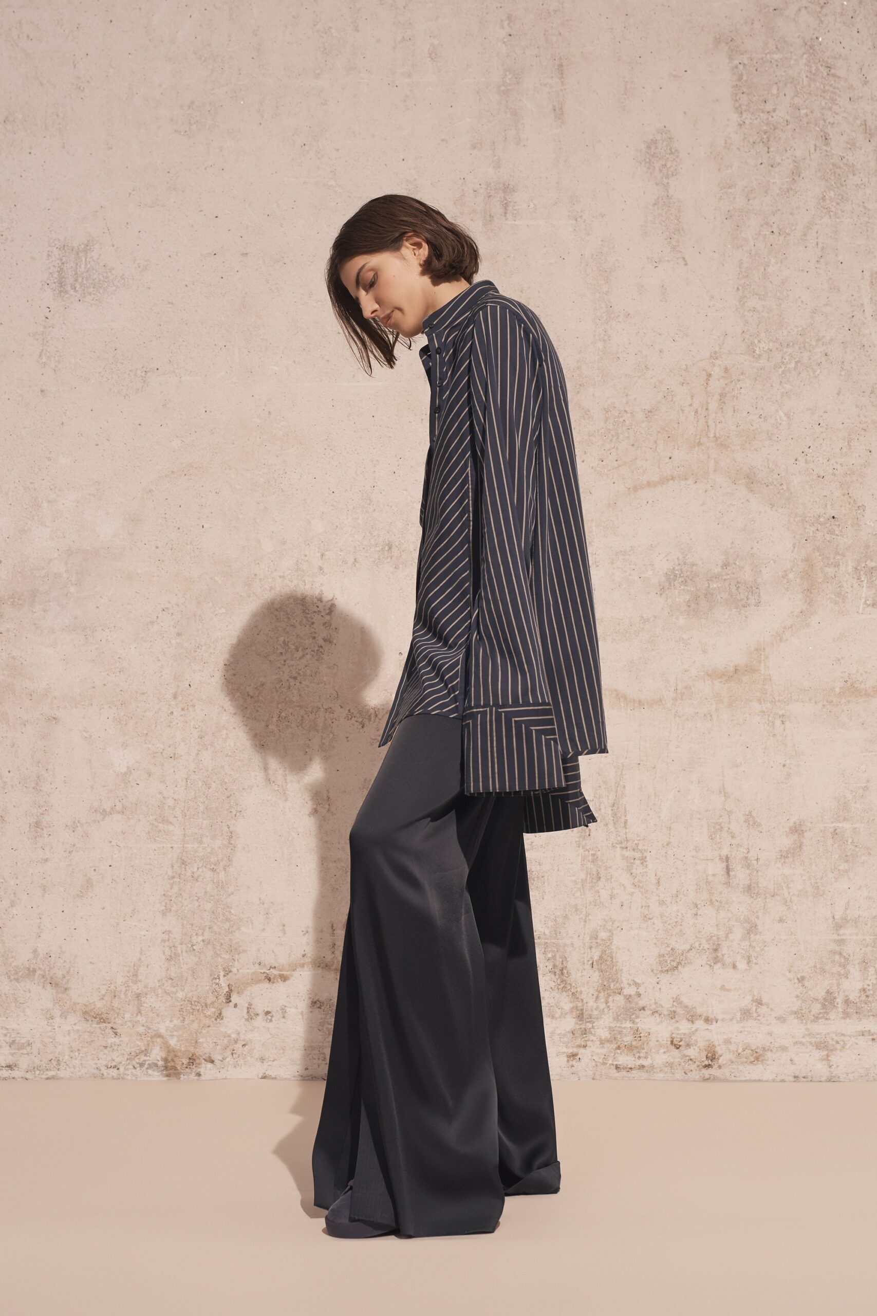 blue striped shirt gray wide-leg pants
