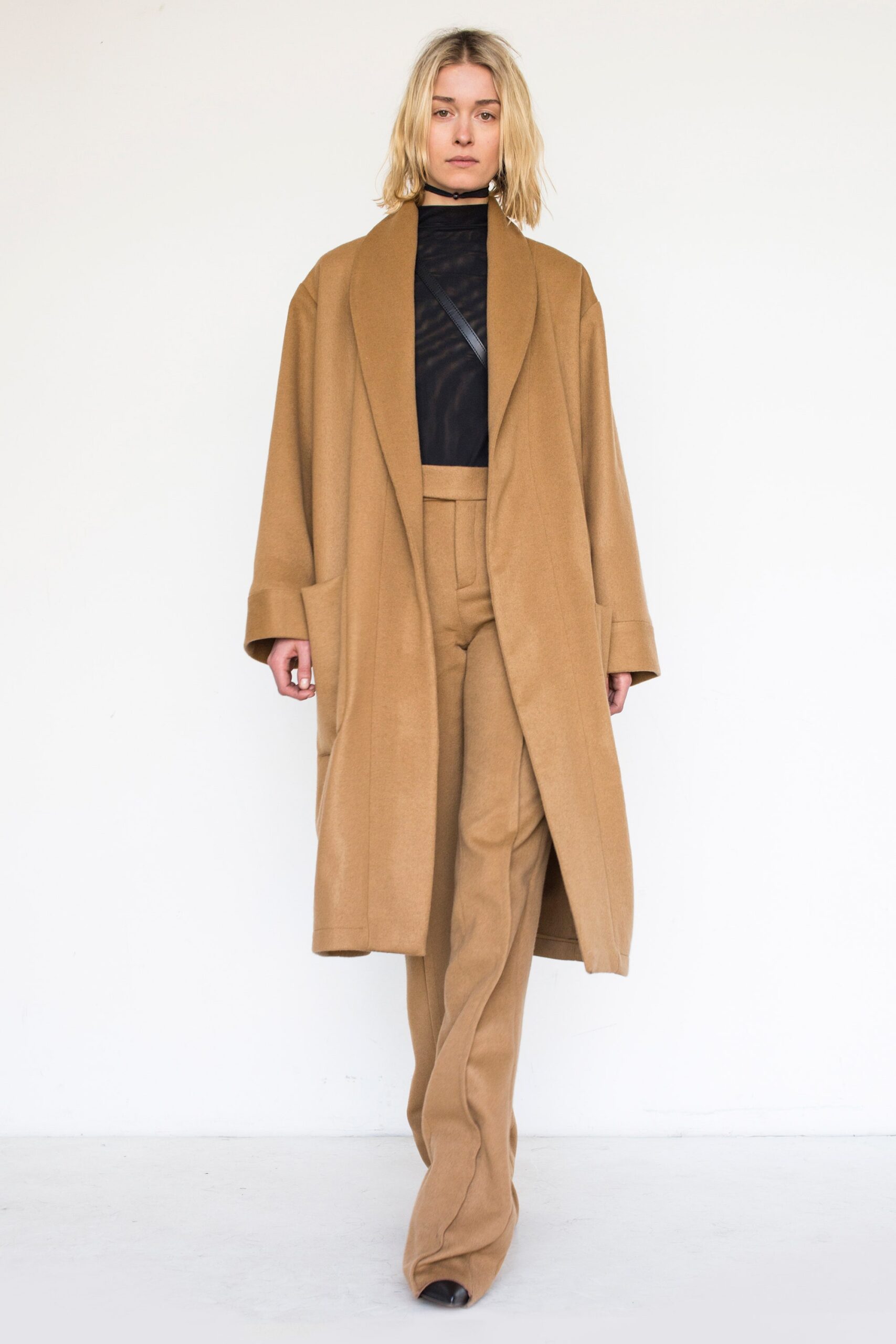 brown wool oversized coat with black top